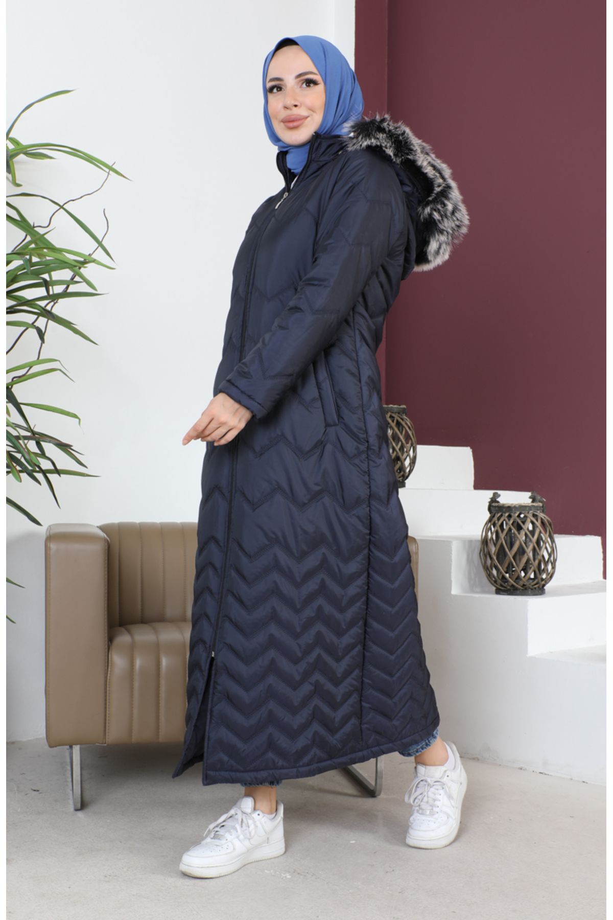 sefamerve-Zigzag Patterned Quilted Coat 5198-02 Navy Blue 3