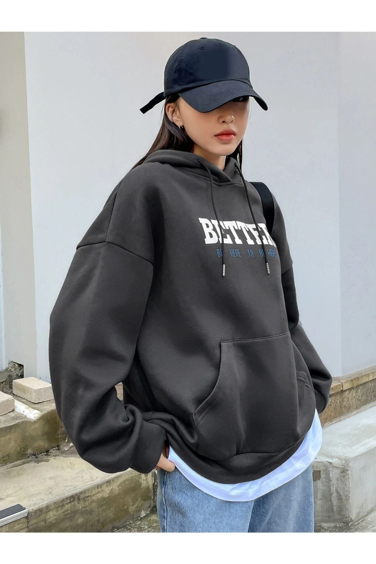 Moda Glo Kadın Better Baskılı Oversize Kapüşonlu Sweatshirt