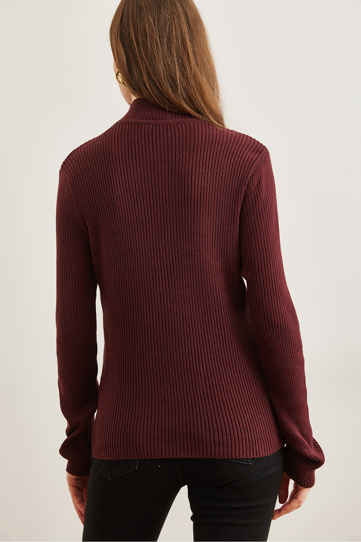 Olalook  Kadın Bordo Yarım Balıkçı Zikzak Dokulu Yumuşak Triko Kazak KZK-19000447 - Görsel 2