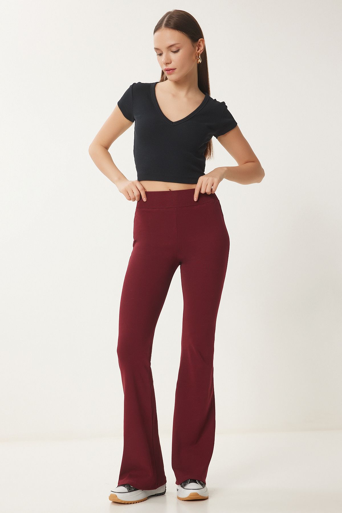Happiness İstanbul Damskie Bordowe Legginsy Z Wysokim Stanem I Hiszpańskimi Nogawkami Dzianinowe Xr00021 Kobieta - 40