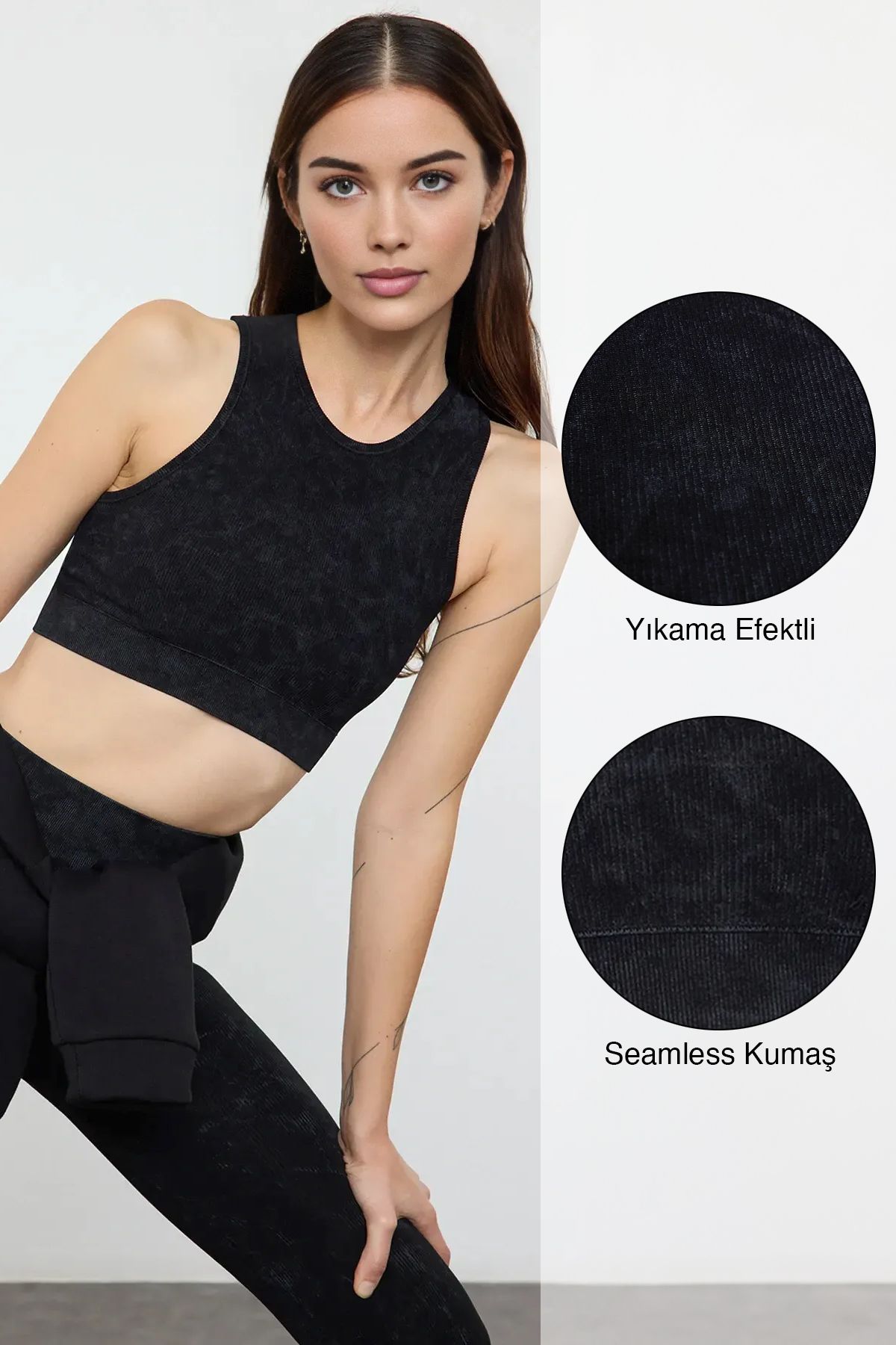 Trendyol Collection Sutien Sport Tricotat Negru Fără Cusături - Striat Și Ușor, Fără Cusături Femeie - M/L