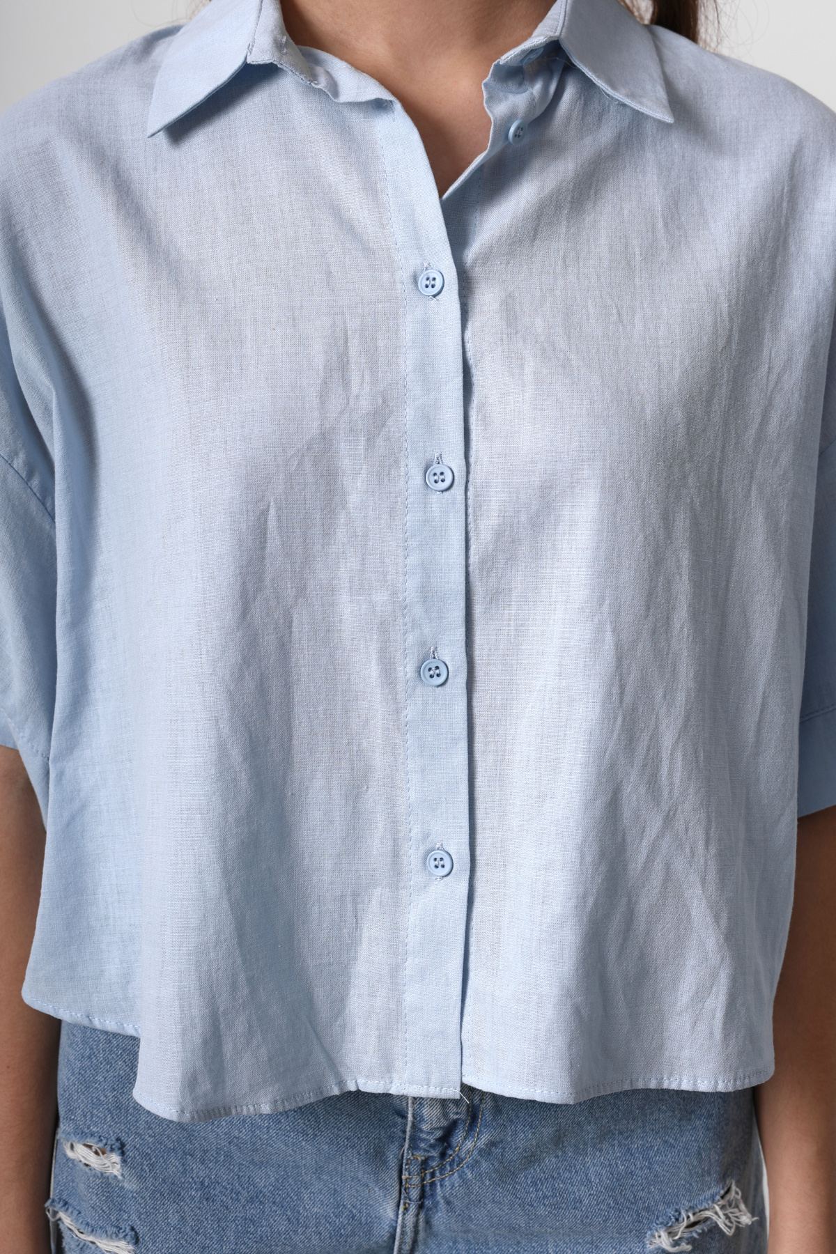 Trendyol Collection-Blue Short Sleeve Low Sleeve Oversize Shirt Twoss25Go00055 3