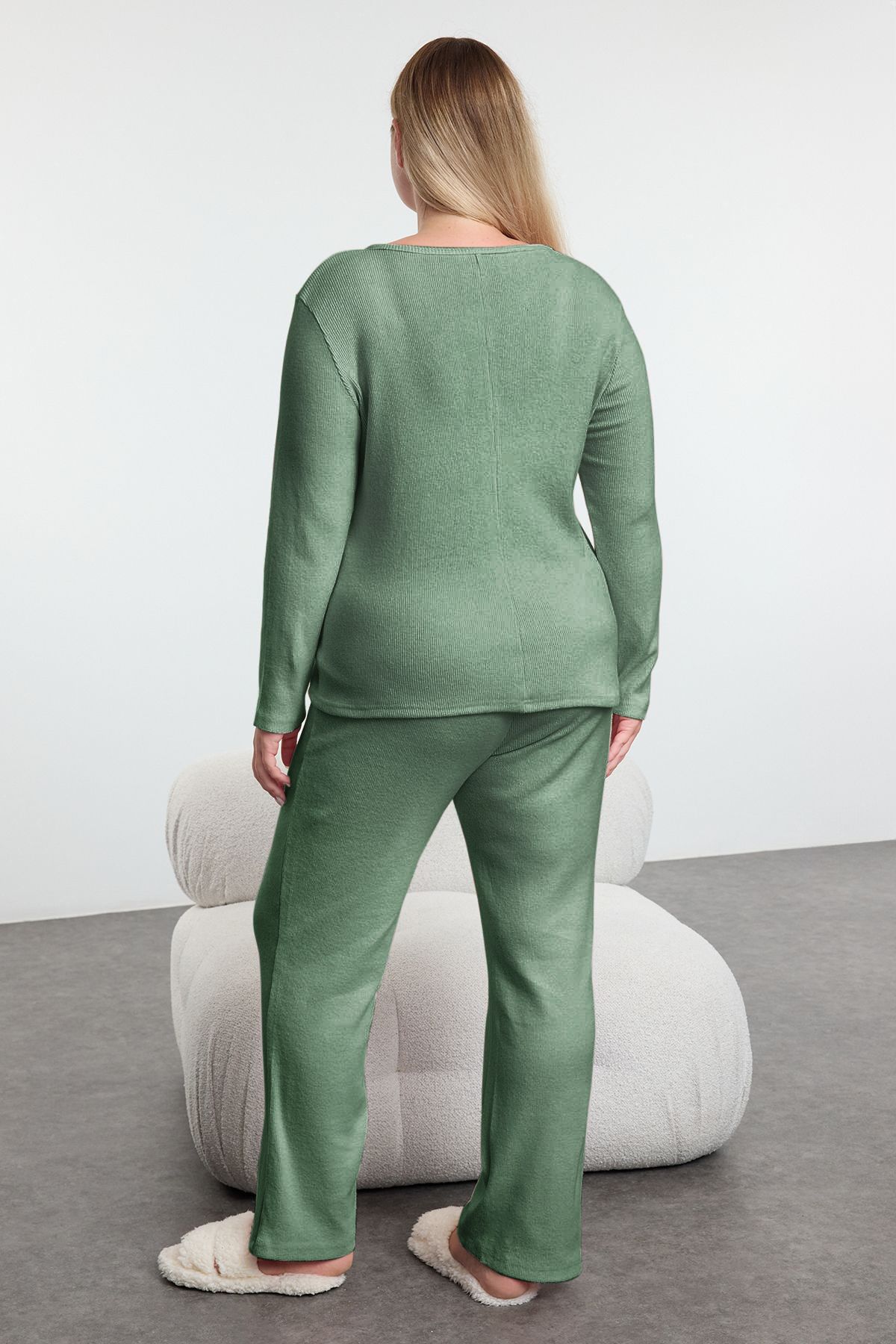 Trendyol Curve-Soft Ribbed Mint Knitted Pajamas Set - Brushed, Cardigan Tbbaw25Ai00089 10