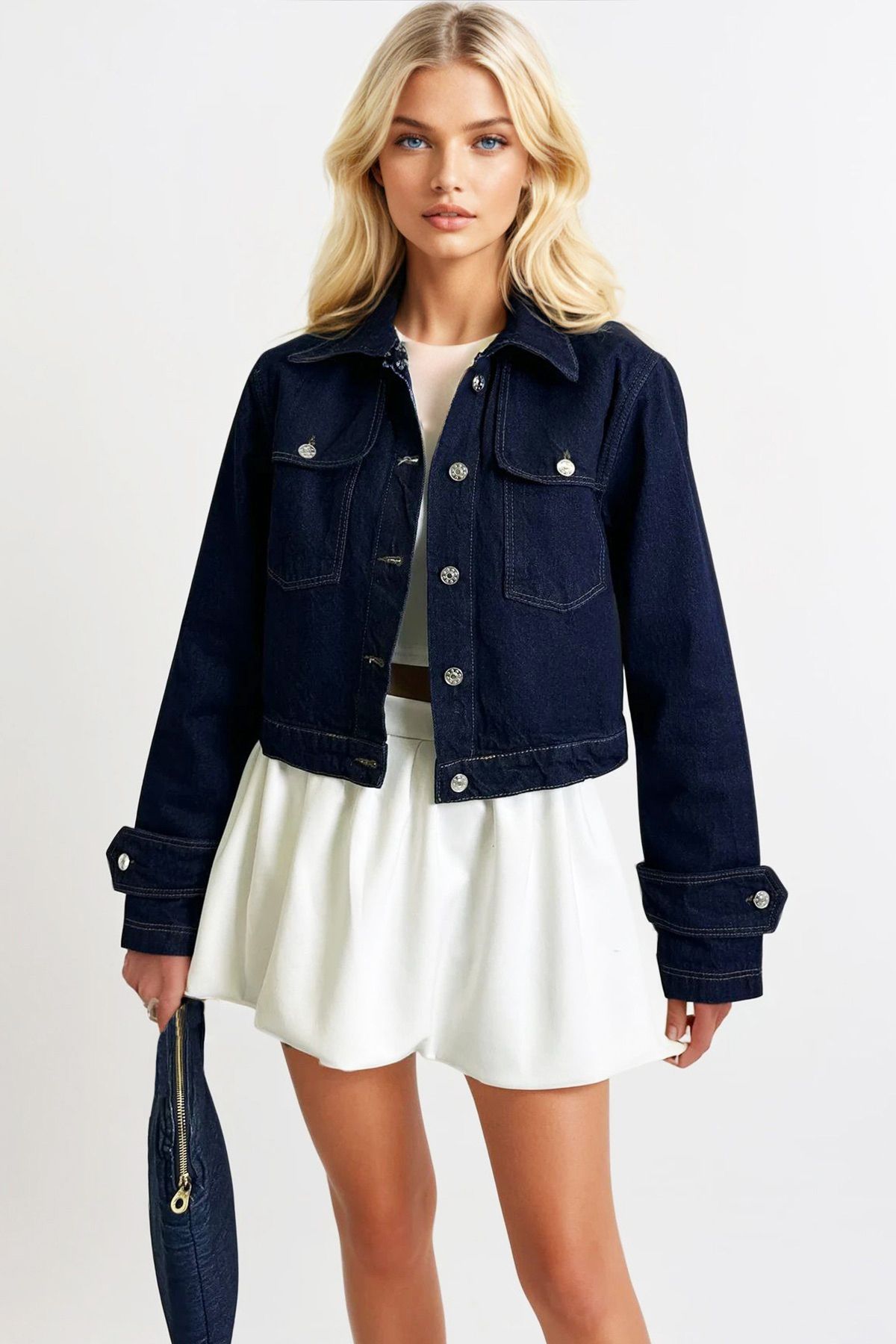 Trend Alaçatı Stili-Dámská námořnická modrá nárameníková bunda Detailed Crop Jean Jacket Alc-X13310 1