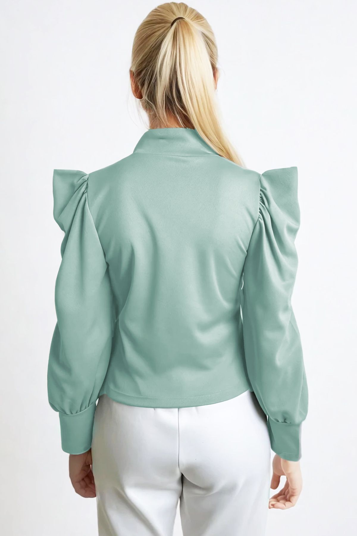 Trend Alaçatı Stili-Bluză crop țesătă cu mâneci prințesă, verde mentă, pentru femei ALC-X9659 4