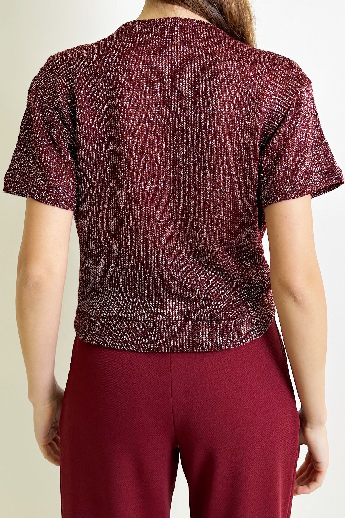Trend Alaçatı Stili-Double Breasted Crop Blouse with Claret Red Glitter - Short Sleeve, Knitted Alc-X13316 5