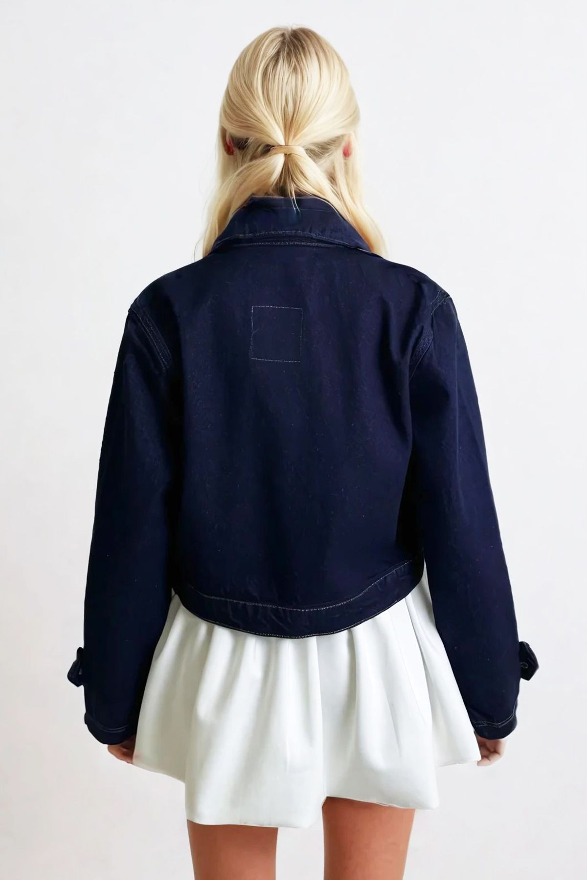 Trend Alaçatı Stili-Dámská námořnická modrá nárameníková bunda Detailed Crop Jean Jacket Alc-X13310 5