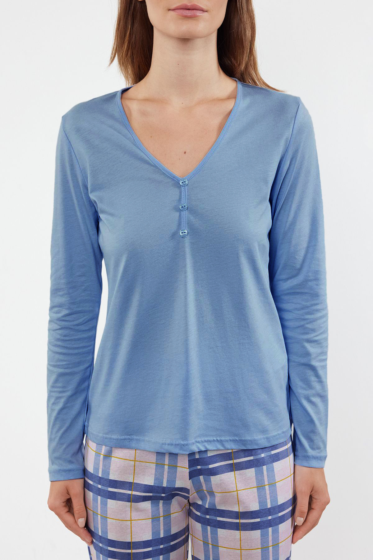 Trendyolmilla  Mavi %100 Pamuklu Ekoseli Bağlama ve Düğme Detaylı Örme Pijama Takımı THMAW25PT00004 - Görsel 3