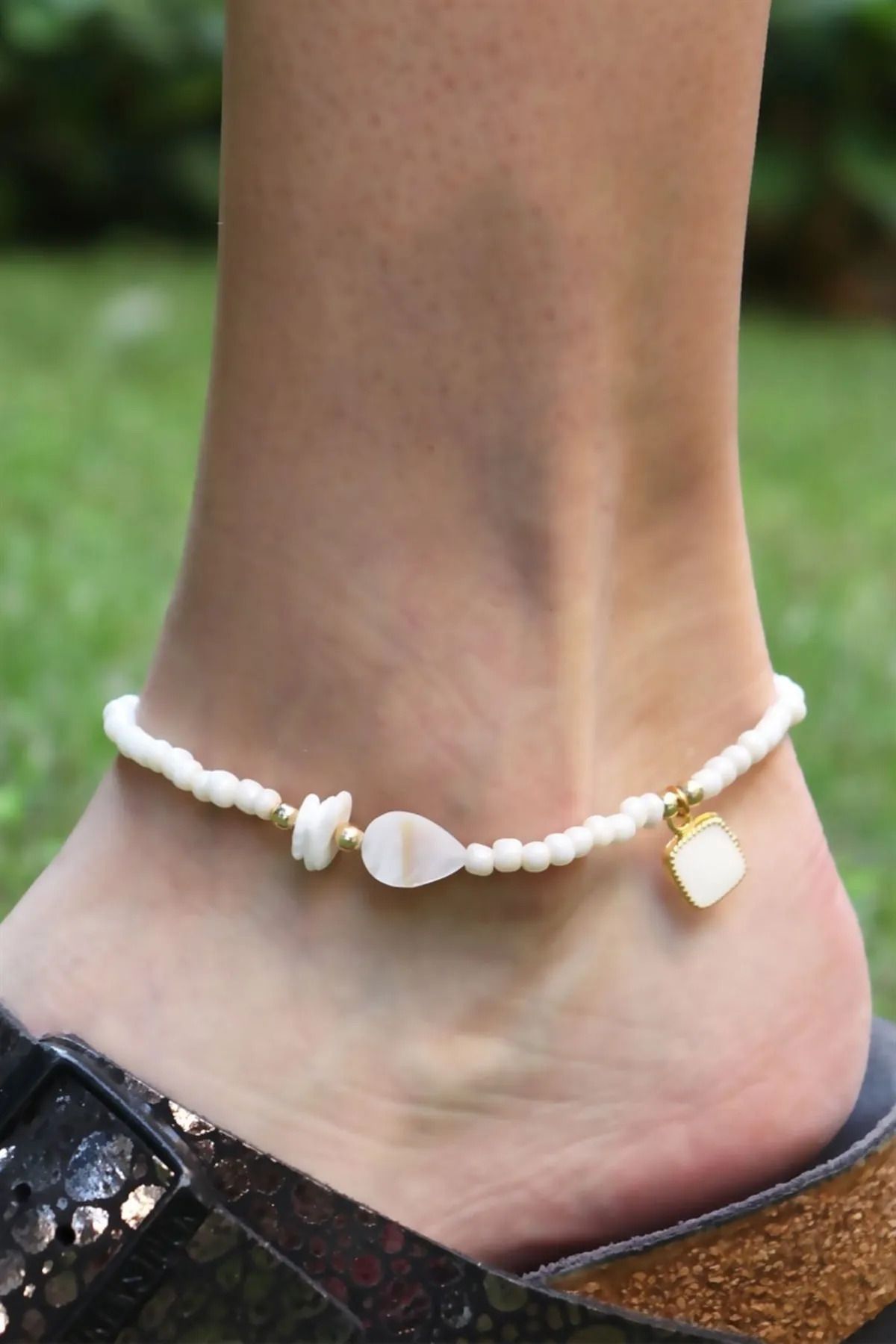 Sose Moda-White Bead Anklet with White Bone Stones 3