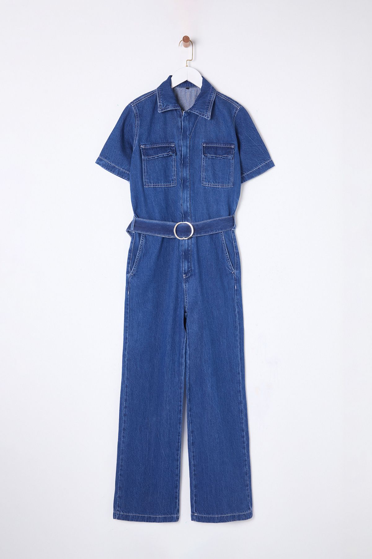 Trendyol Collection-Salopetă albastră din denim cu mânecă scurtă, cu buzunar, cu centură TWOSS25TU00003 6