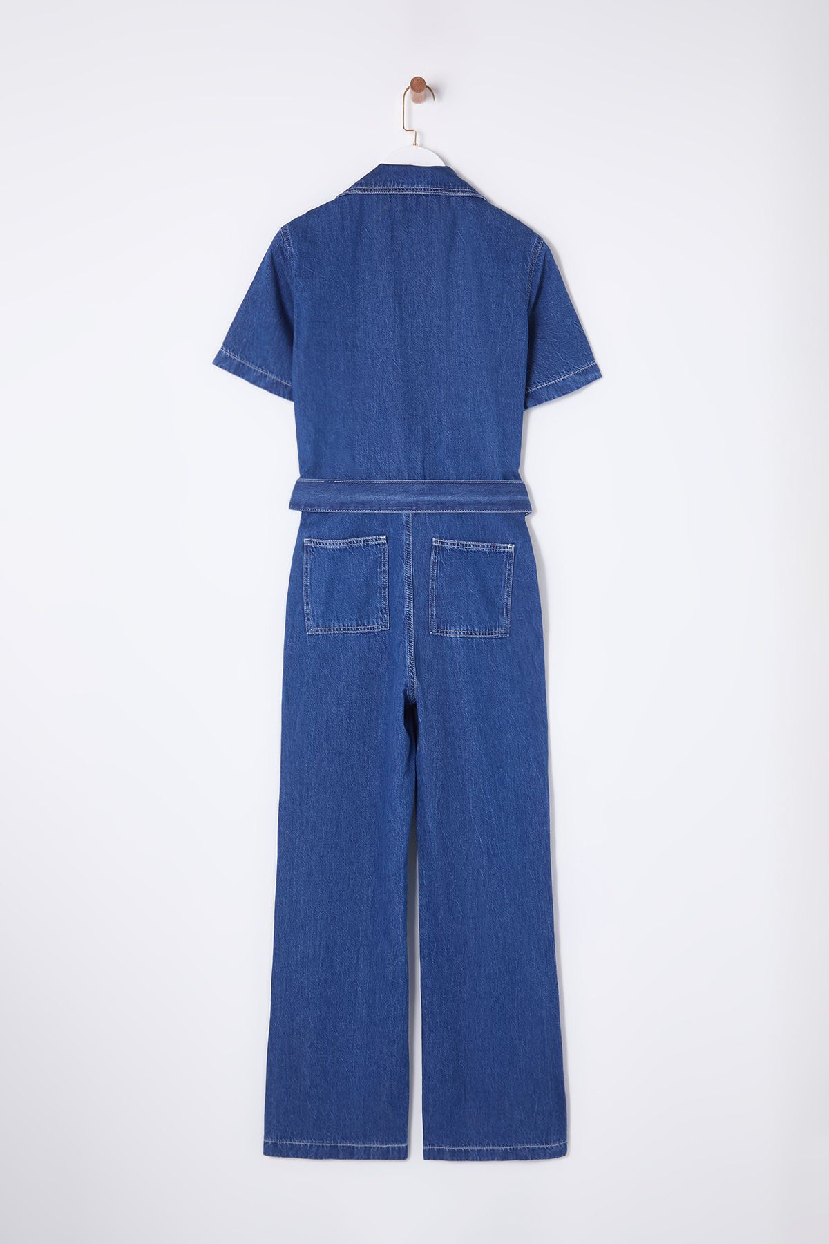 Trendyol Collection-Salopetă albastră din denim cu mânecă scurtă, cu buzunar, cu centură TWOSS25TU00003 9