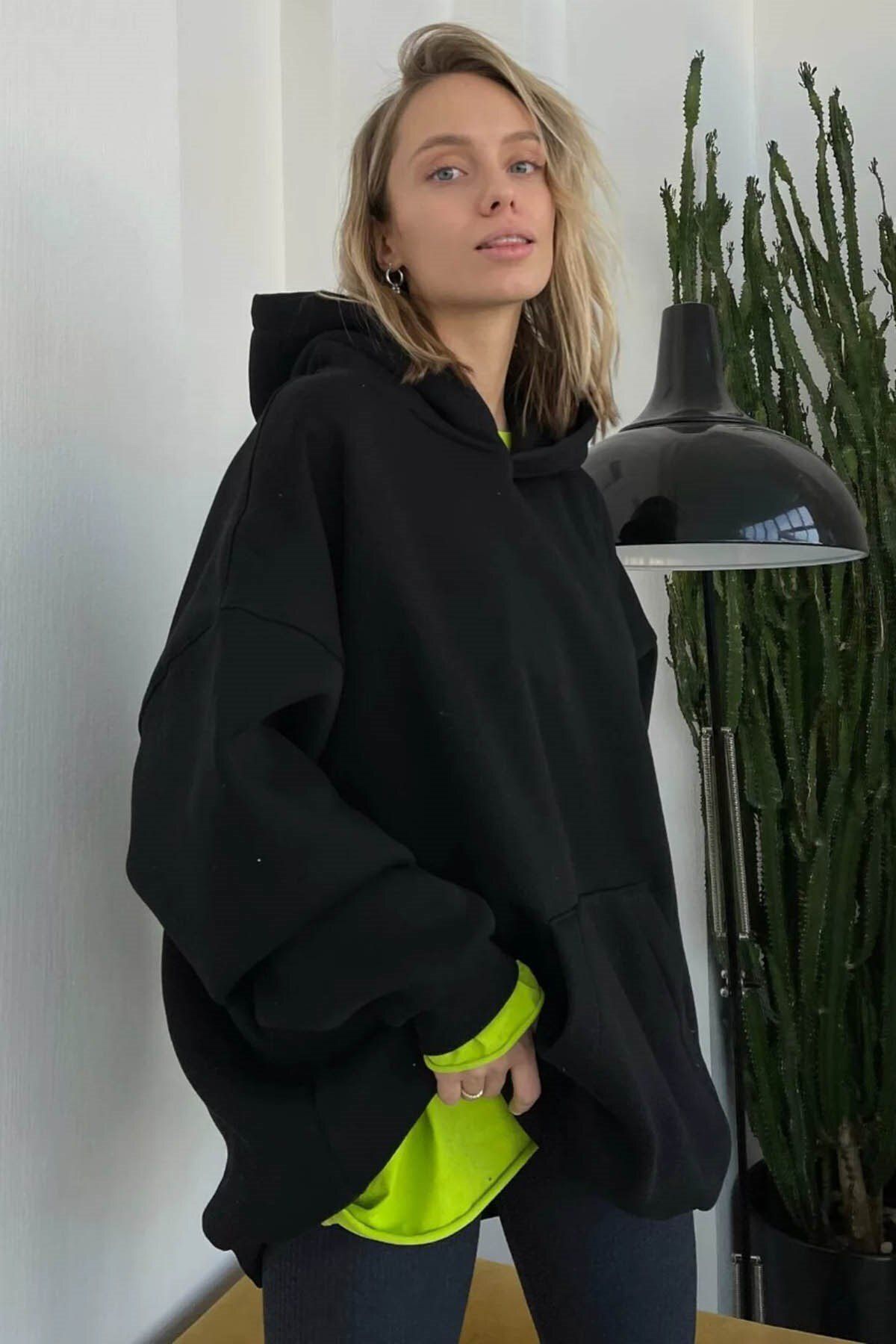 Moda Glo Kapüşonlu Şardonlu Oversize Sweatshirt