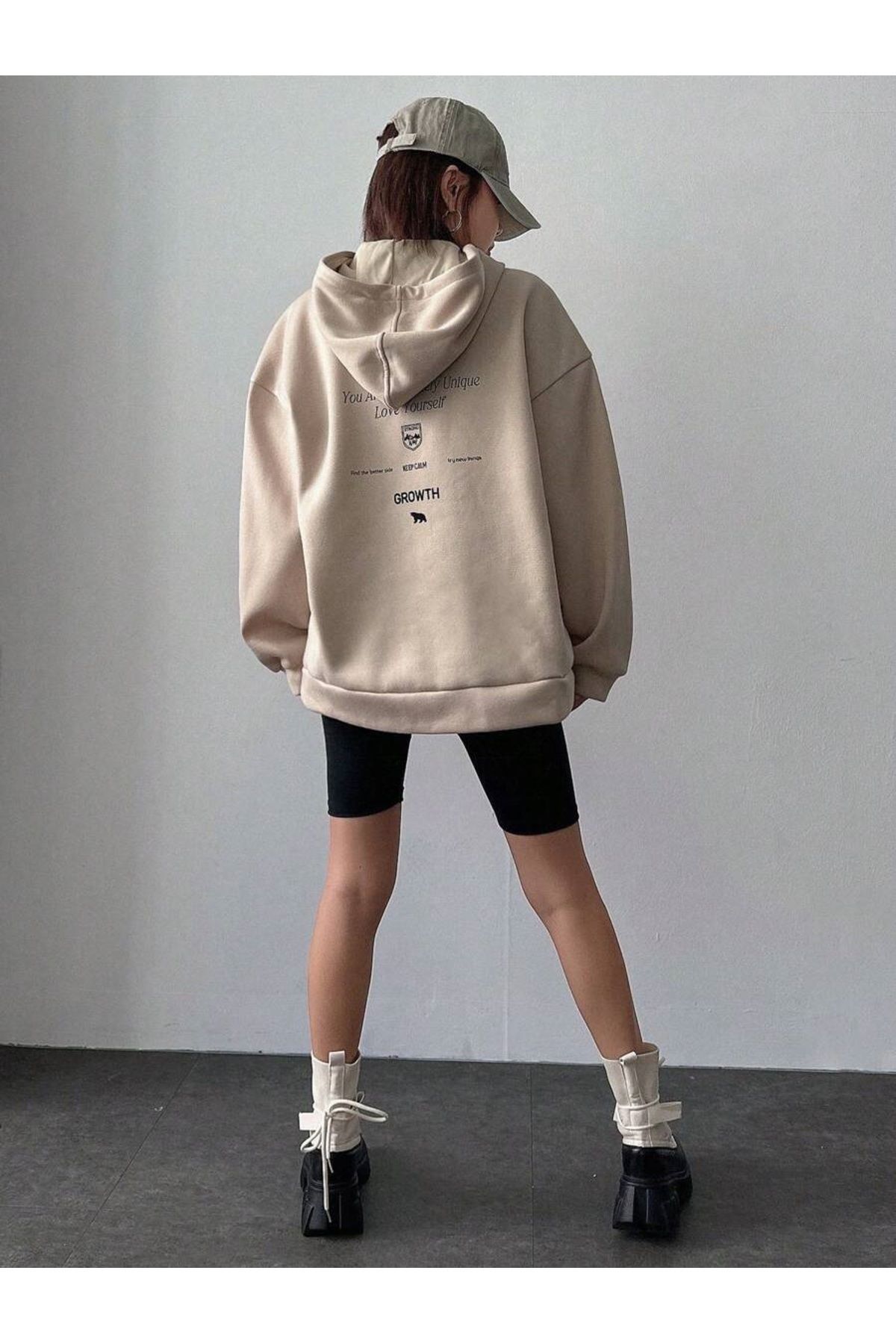 Moda Glo Unisex Growth Sırt Baskılı Oversize Kapüşonlu Sweatshirt