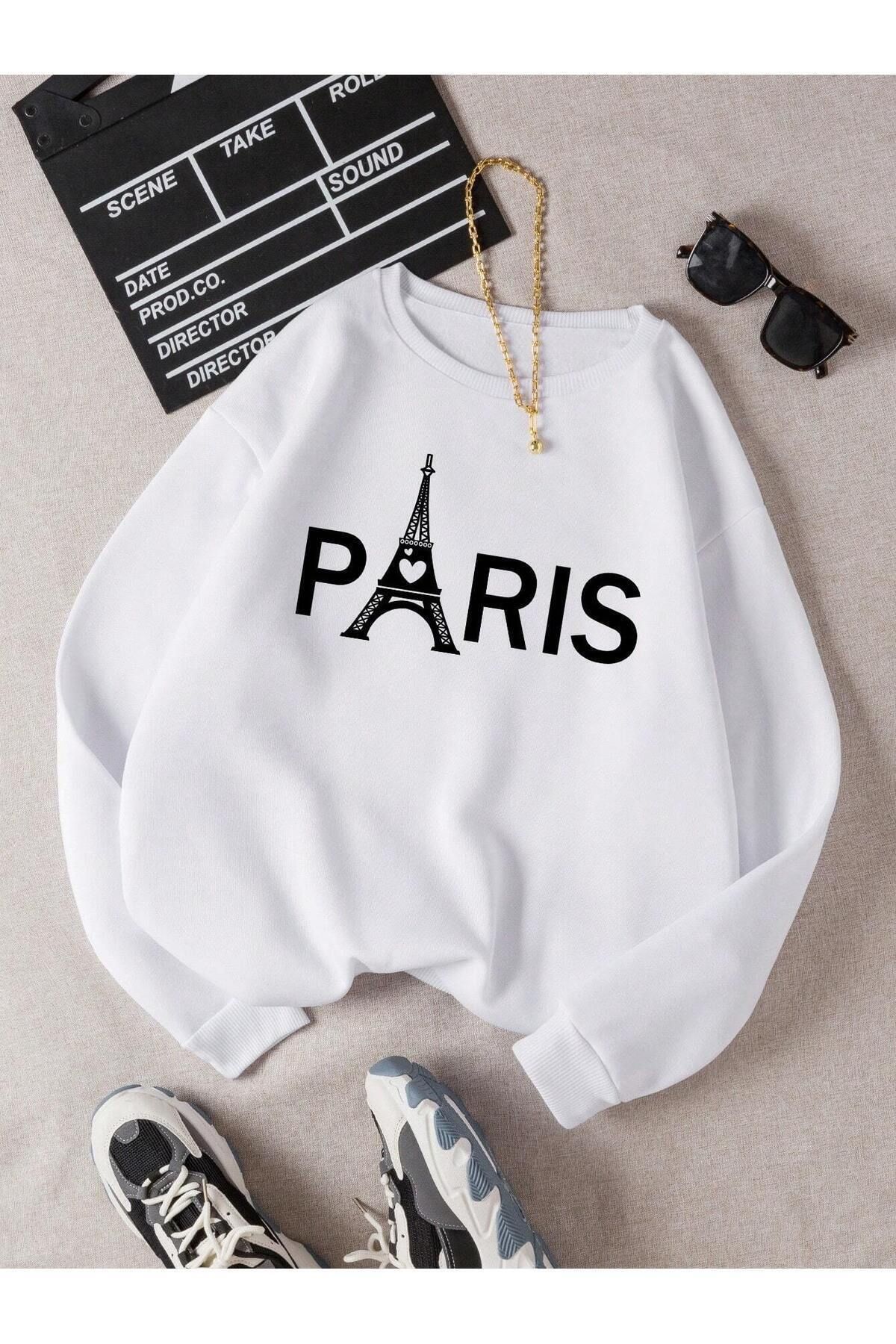 Moda Glo Kadın Paris Baskılı Oversize Bisiklet Yaka Sweatshirt