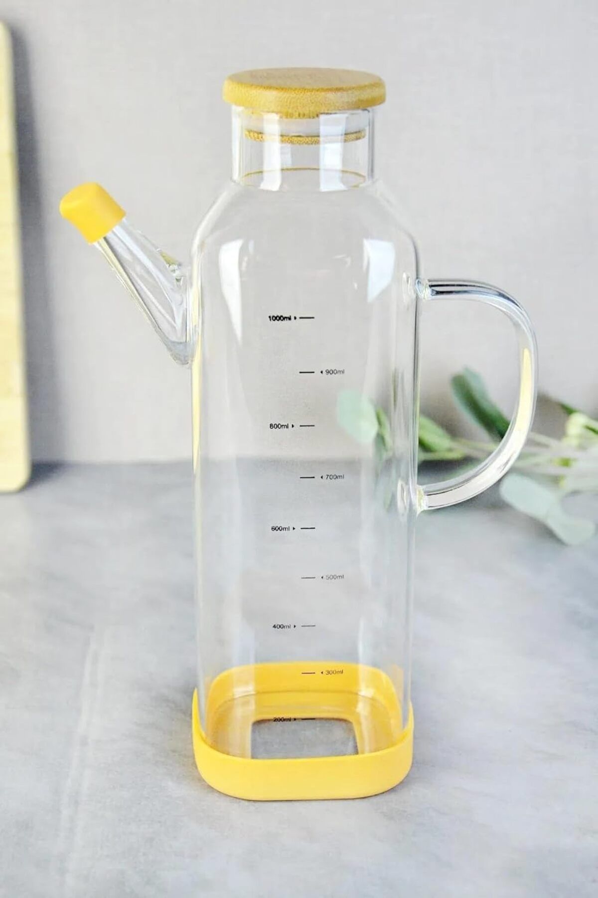 STOREMAX 1000 ml Bambu Kapaklı Borosilikat Cam Kare Yağlık