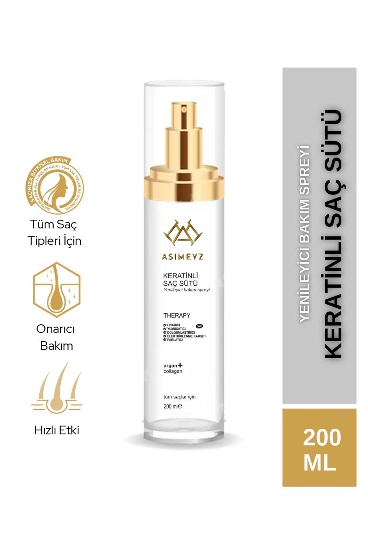 Asimeyz Hızlı Onarıcı Keratinli Saç Bakım Sütü / Fön Spreyi Kolajen ve Argan Desteği 200 ml