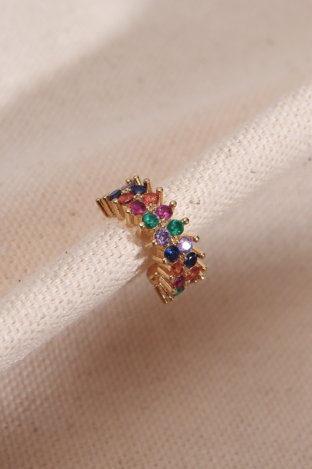 Single Compression Gold Cartilage Earrings with Two Row Colored Stone