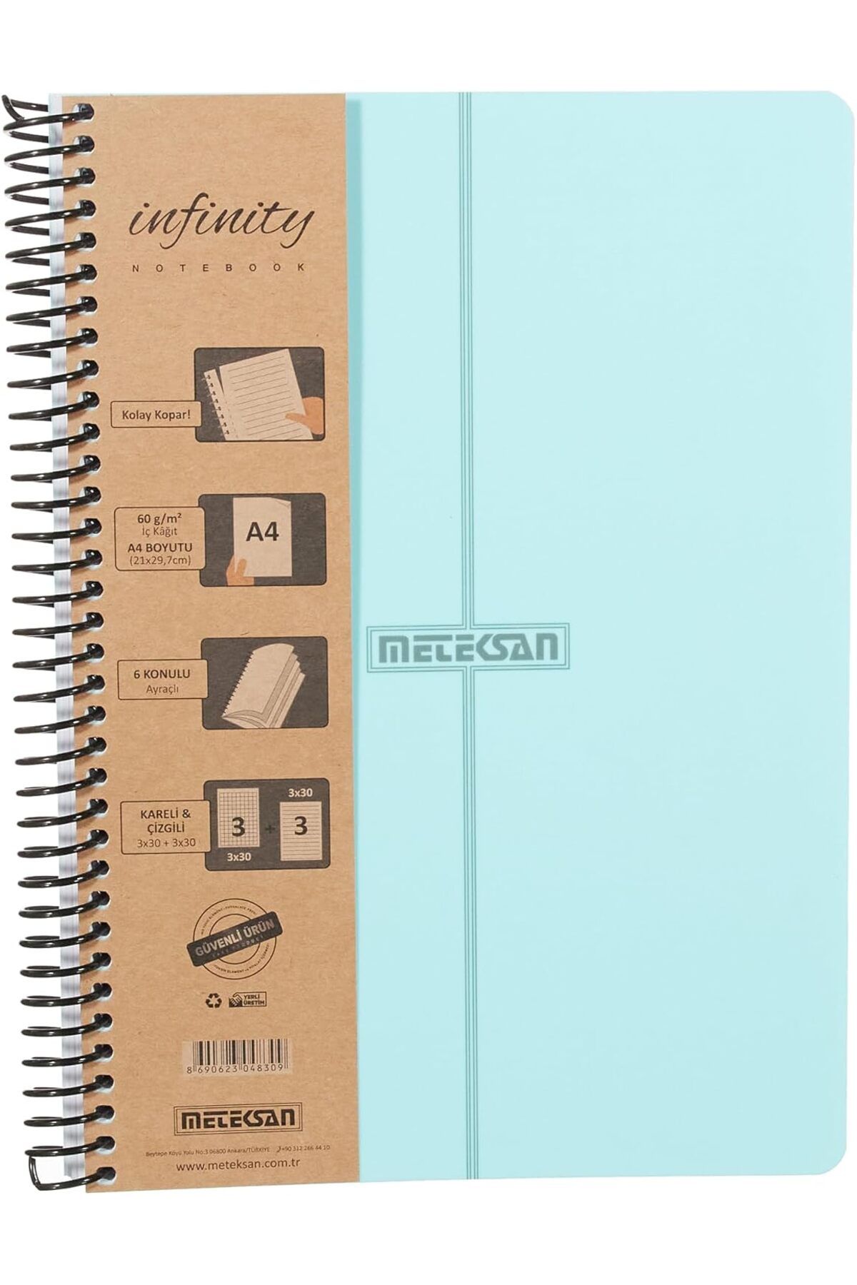STOREMAX sellbuystore Infinity Pastel Serisi, A4, 6 Konulu (3 Kareli, 3 Çizgili) 180 Yaprak PP Kapaklı Spir