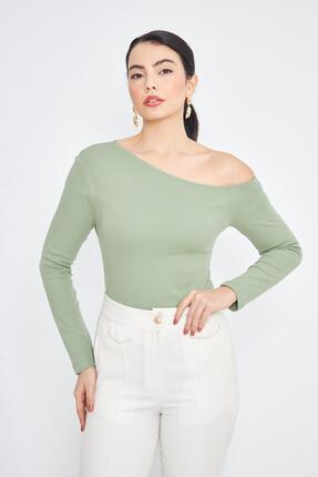 AMİDA Yeşil Asimetrik Yaka Tek Omuz Açık Uzun Kollu Kadın Fit Bluz - 2463