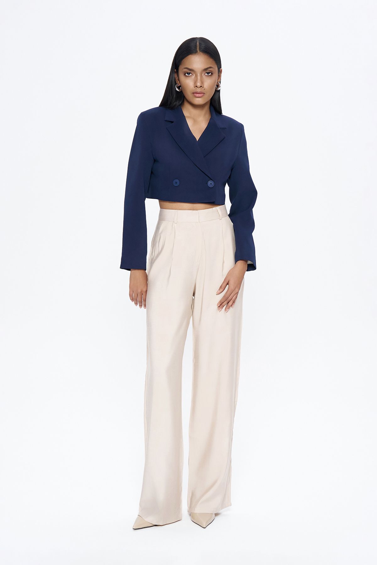 Quzu-Double Breasted Crop Blazer Jacket Navy Blue 3