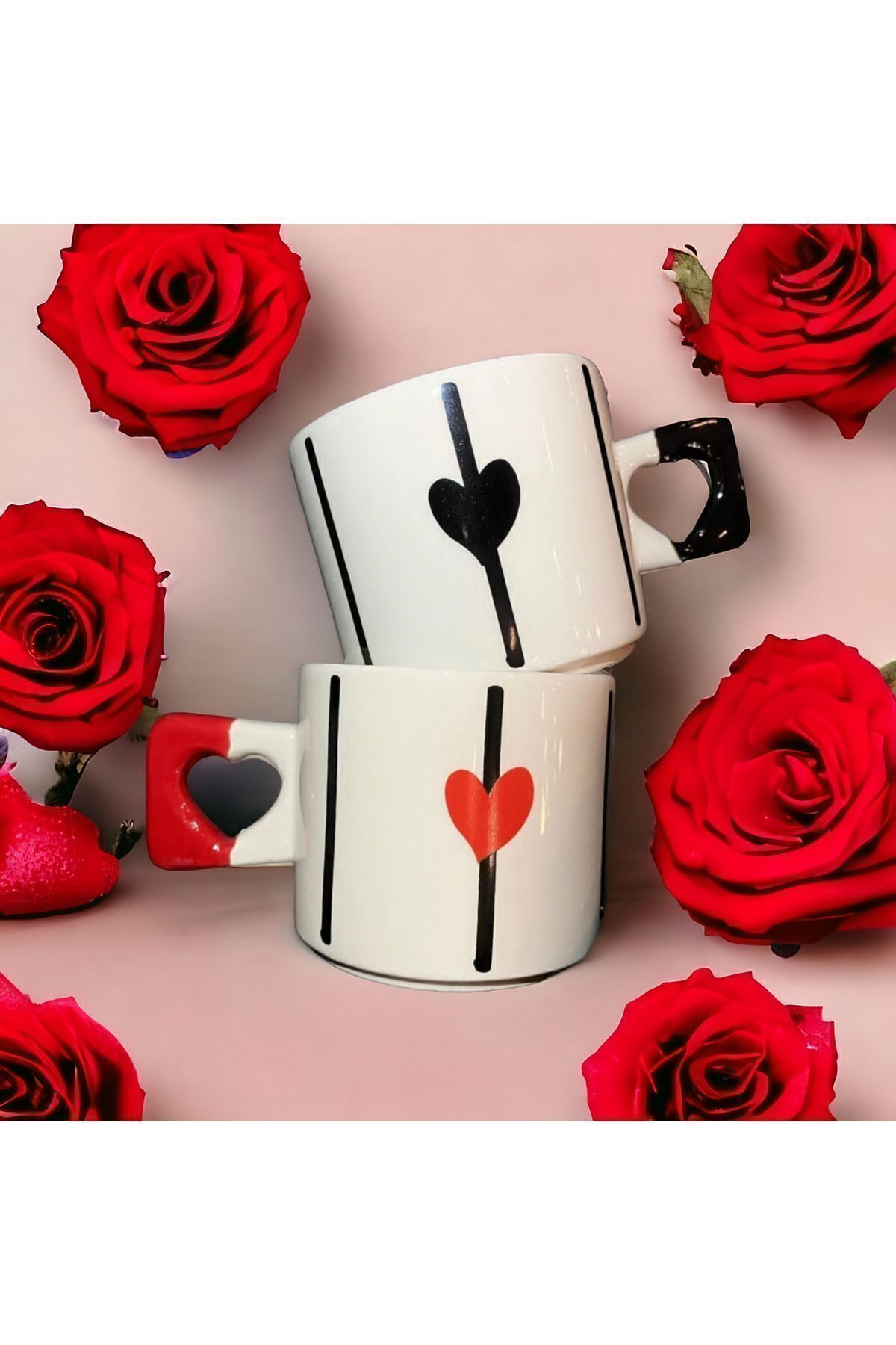 ikiseramik 2'li Siyah & Kırmızı Zarif Kalp Baskılı Kupa / Mug Set