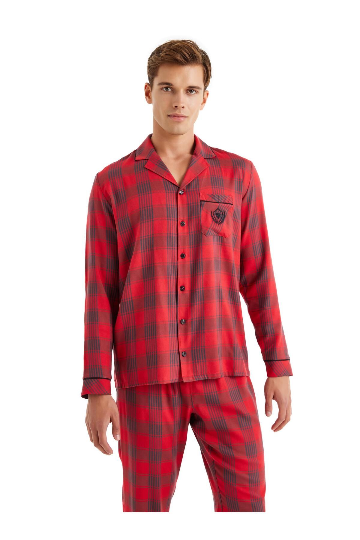 Blackspade-Men's Front Button Long Sleeve Red Pajamas Suit C2T9N5O04 5