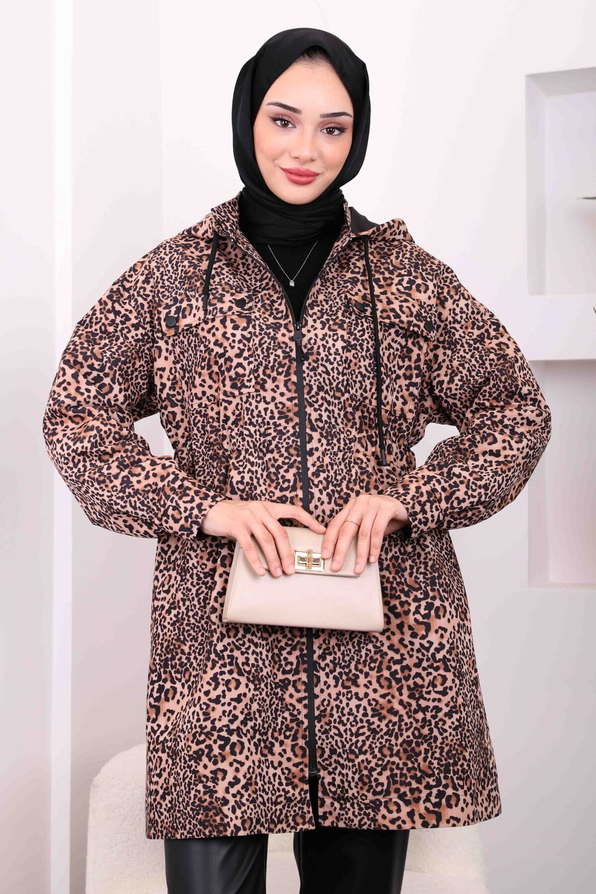 İmajButik-Mink Waist Gathered Hooded Leopard Trench 4