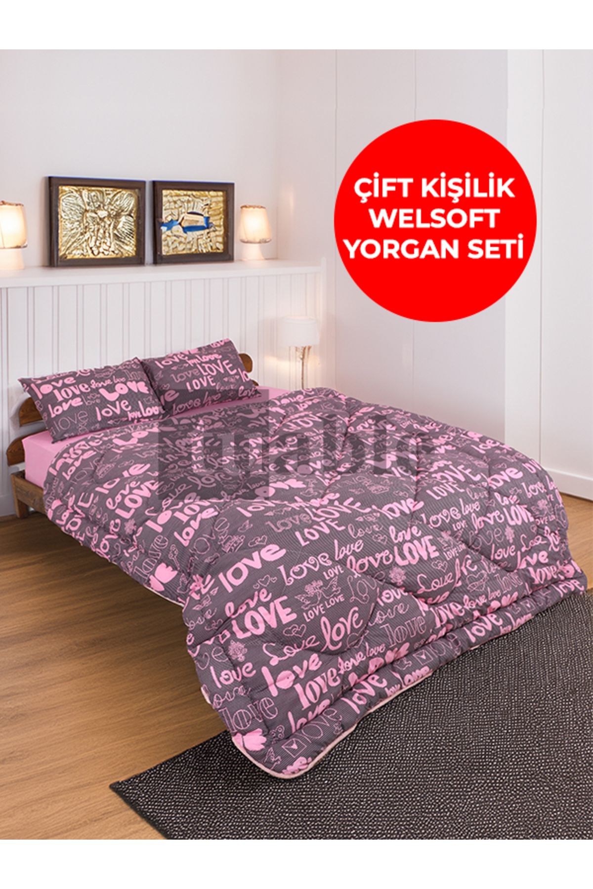 Tuable Love Yazılı Pudra Pamuklu Yorgan Seti Çift Kişilik Çift Taraflı Yazlık Kışlık Silikonlu 195x215 Cm