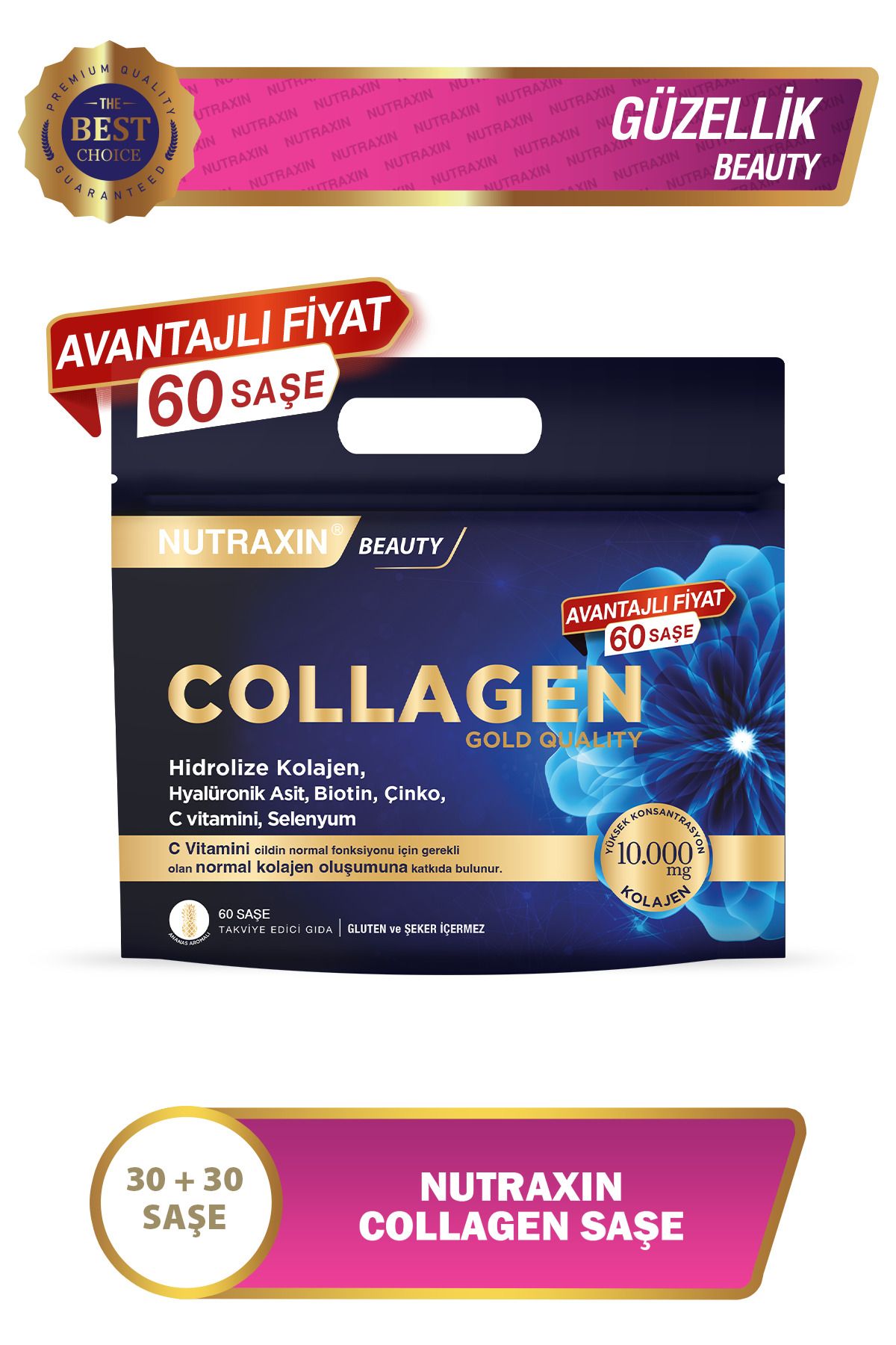 Nutraxin Collagen 60 Saşe 10.000 Mg Tip 1 Tip 3 Ananas Aromalı Avantajlı Çanta Set 60 Günlük Kullanım