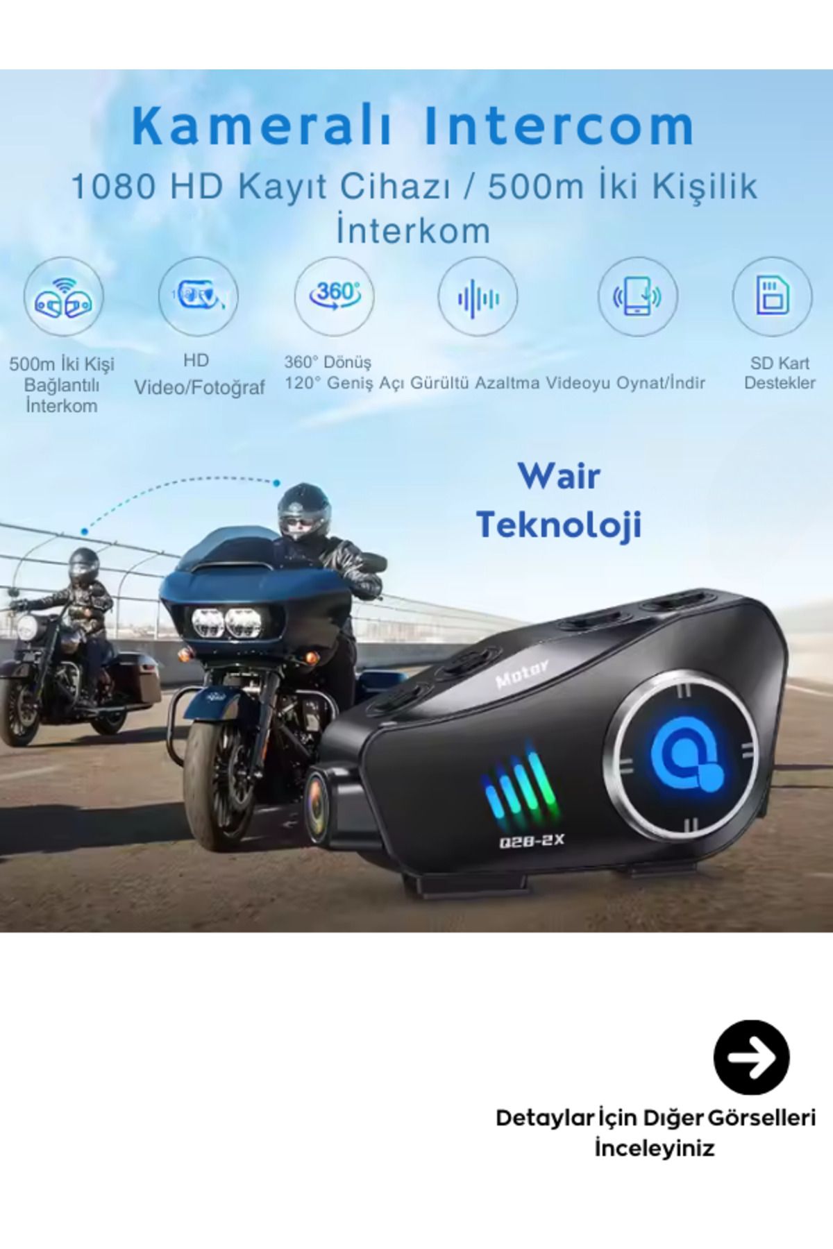 Wair Teknoloji Q28-2X Kameralı Motosiklet Kask Bluetooth İnterkom Su Geçirmez 1080P HD Sürüş Kaydedici