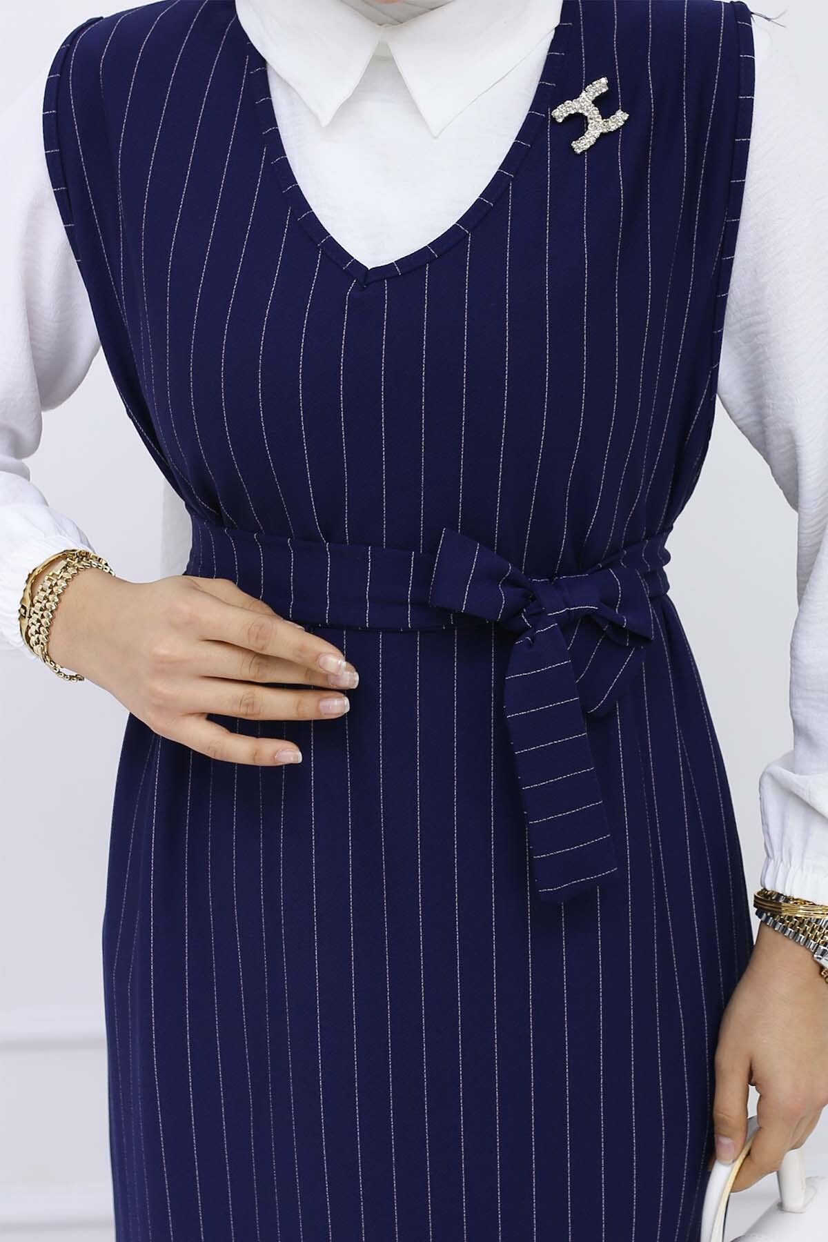 benguen-Navy Blue 4002 - Stripe Detailed Brooch Dress 3