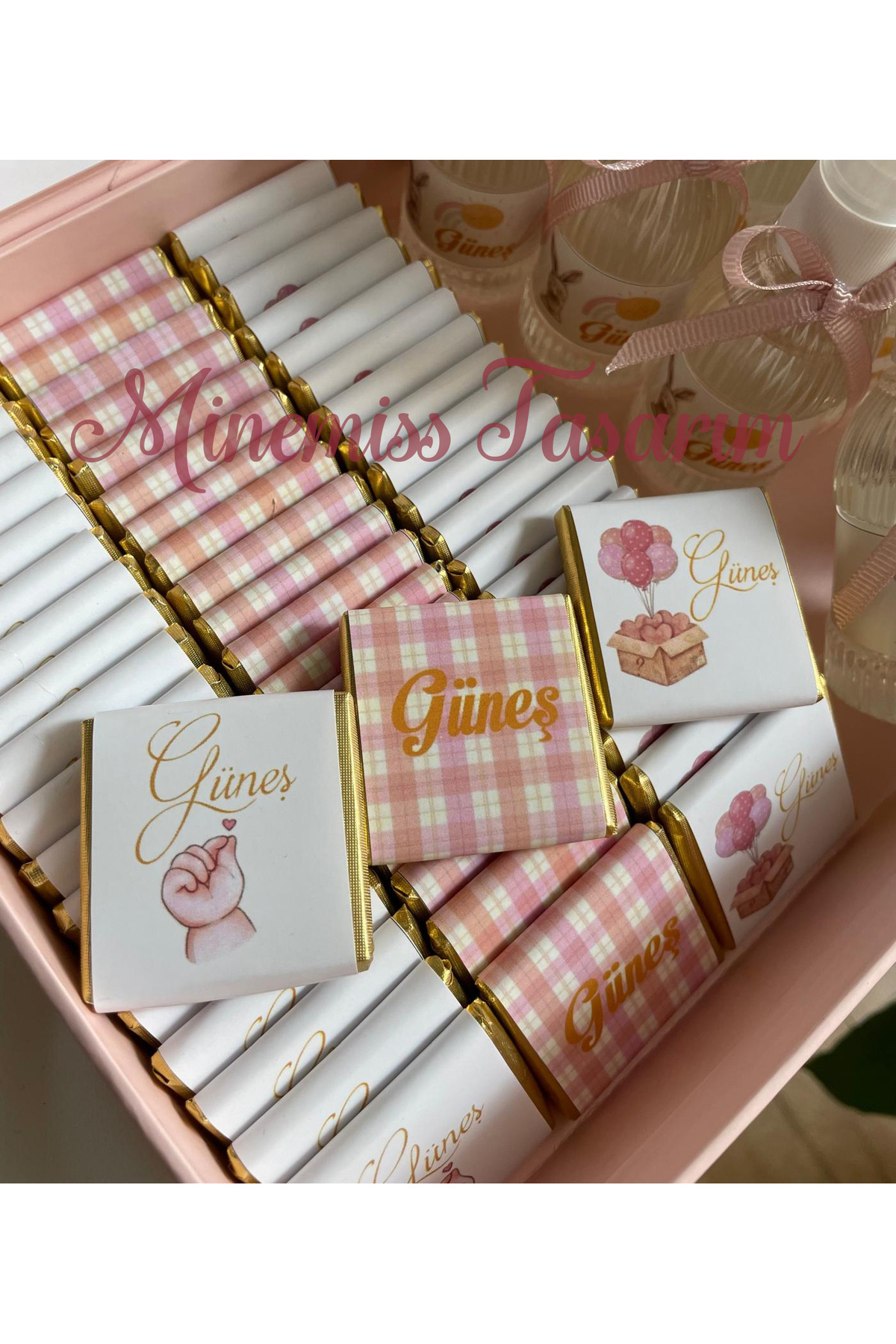 Minemiss Tasarım Kutulu Isme Özel Tasarımlı Kız-erkek 100 Adet Bebek Çikolatası Ve 25 Adet Kolonya Yaş Günü-hediyeli fotoğrafı 2 (önizleme)
