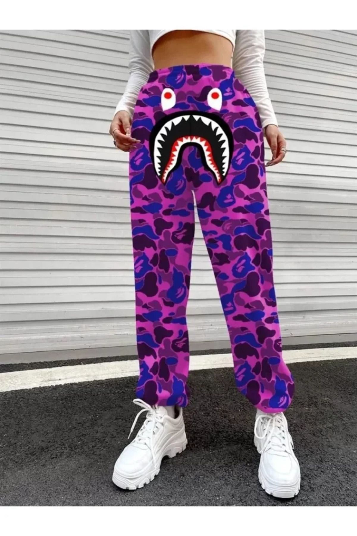 Meloria Boutique Bape Shark Dijital Baskılı Eşofman Altı - Mor