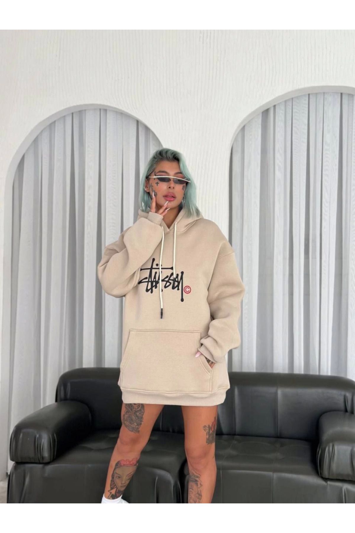 McA all inclusive Üç İplik Kapşonlu Baskılı SweatShirt - Bej