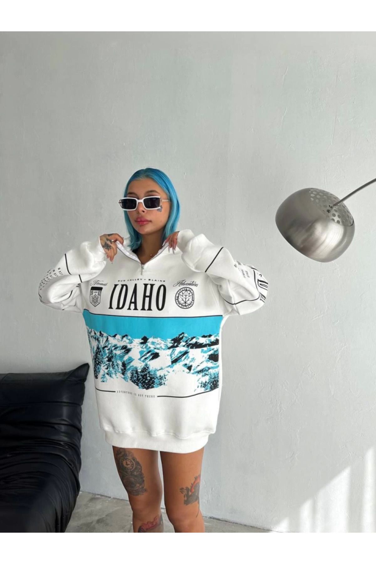 HobiDünyasıElif Yarım Fermuarlı Oversize Baskılı SweatShirt - Beyaz