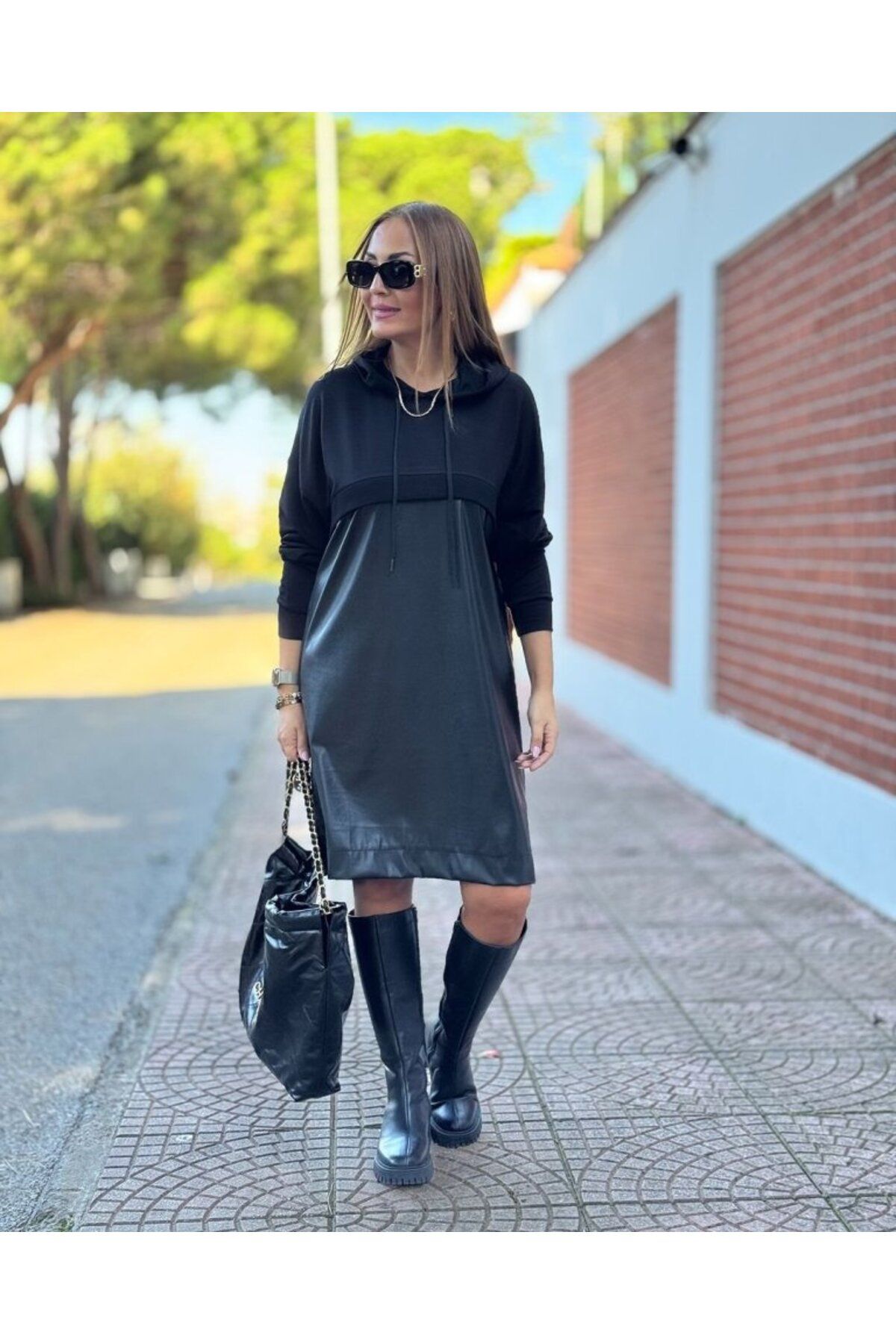 velmorafashion Kadın Uzun Kollu Kapüşon Ve Deri Detay Diz üstü Elbise