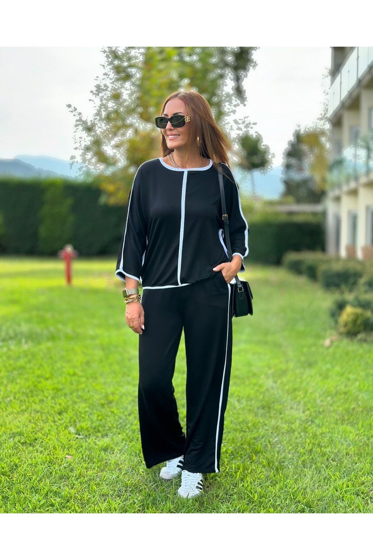 velmorafashion Kadın Bisiklet Yaka Fakir Kol Biye Detay Bluz Ve Yüksek Bel Lastikli Pantolon Ikili Takım