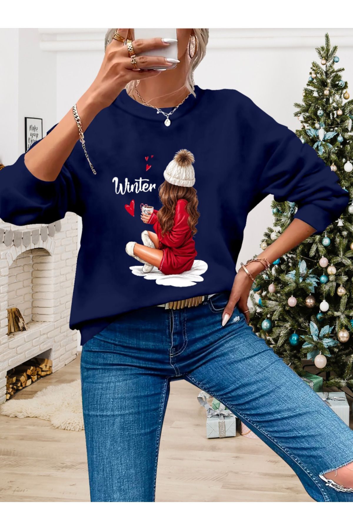 velmorafashion Kadın Yılbaşı Özel Uzun Kollu Bisiklet Yaka Desenli Viskon Iki Iplik Bluz