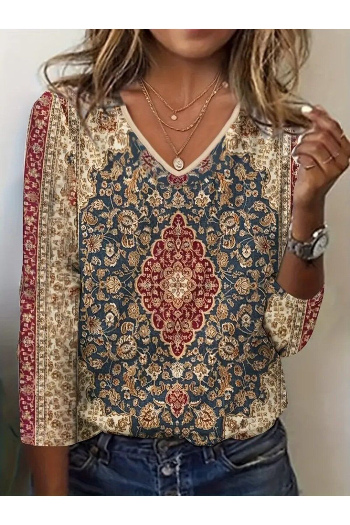 velmorafashion Kadın Fakir Kollu V Yakalı Etnik Desenli Süprem Bluz