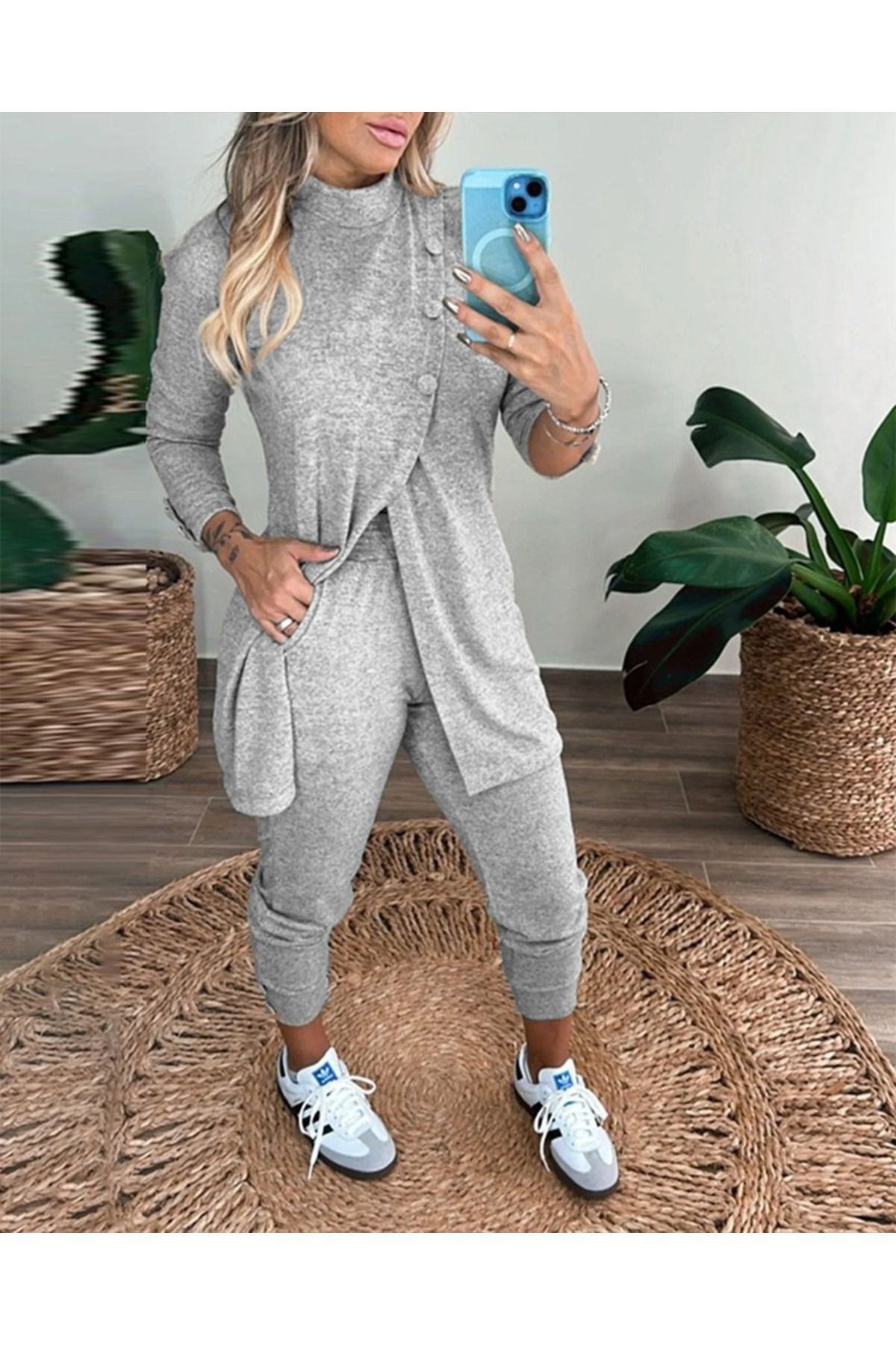 velmorafashion Kadın Uzun Kollu Balıkçı Yaka önden Düğmeli Bluz Ve Pantolon Yumoş Ikili Takım