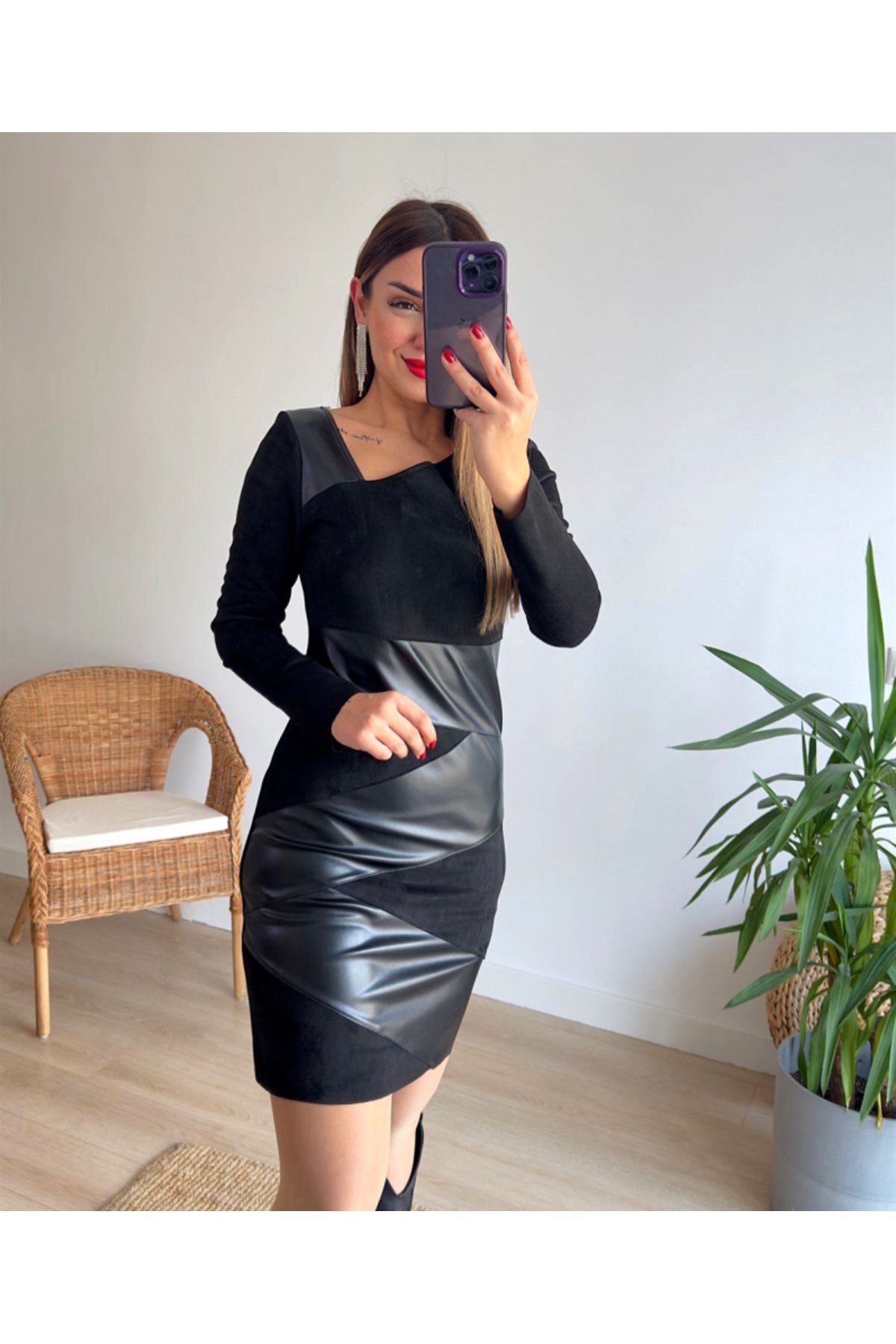 munn collection Kadın Uzun Kollu Asimetrik Yaka Süet Ve Deri Mini Boy Elbise