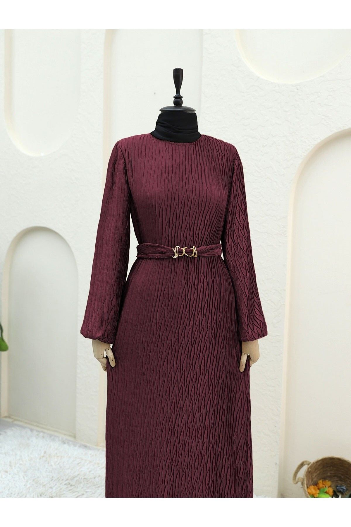 Modamorfo-Burgundy Satin Dress - Belted and Pleated, Elastic Sleeves 2