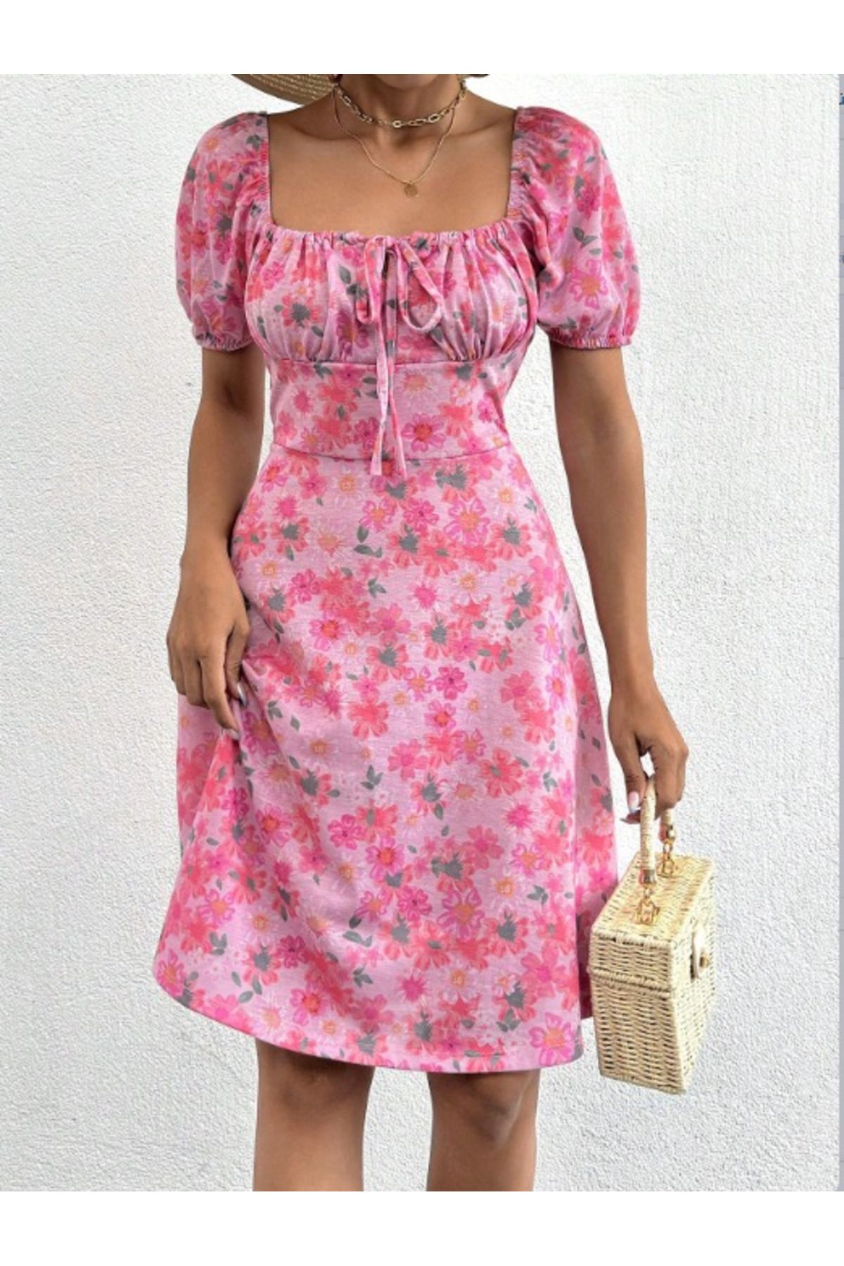 velmorafashion Kadın Kısa Kollu Mini çiçek Baskılı Bağcık Detay Süprem Midi Boy Elbise