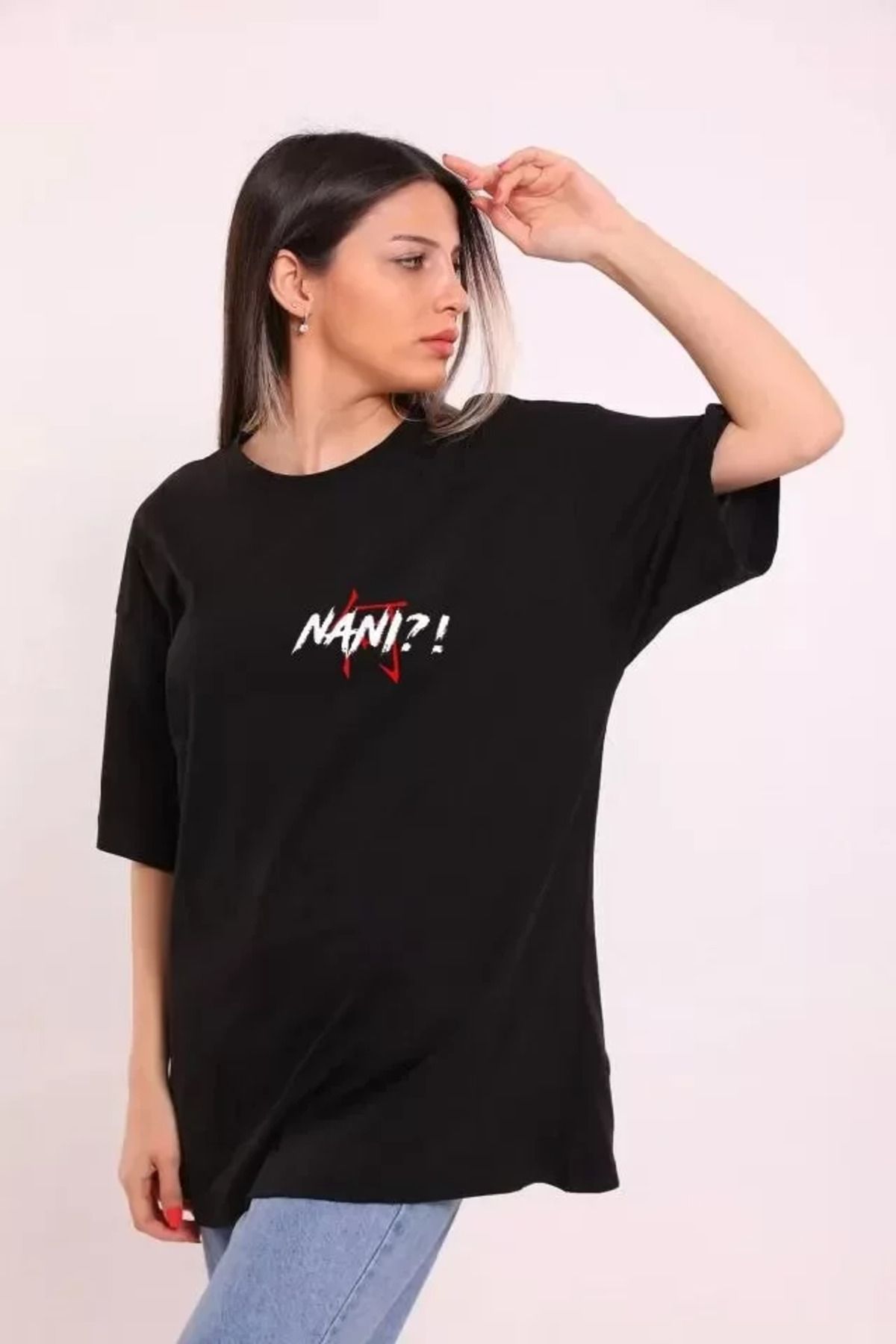 Swanky Moda Unisex Bisiklet Yaka Baskılı Oversize T-Shirt - Siyah