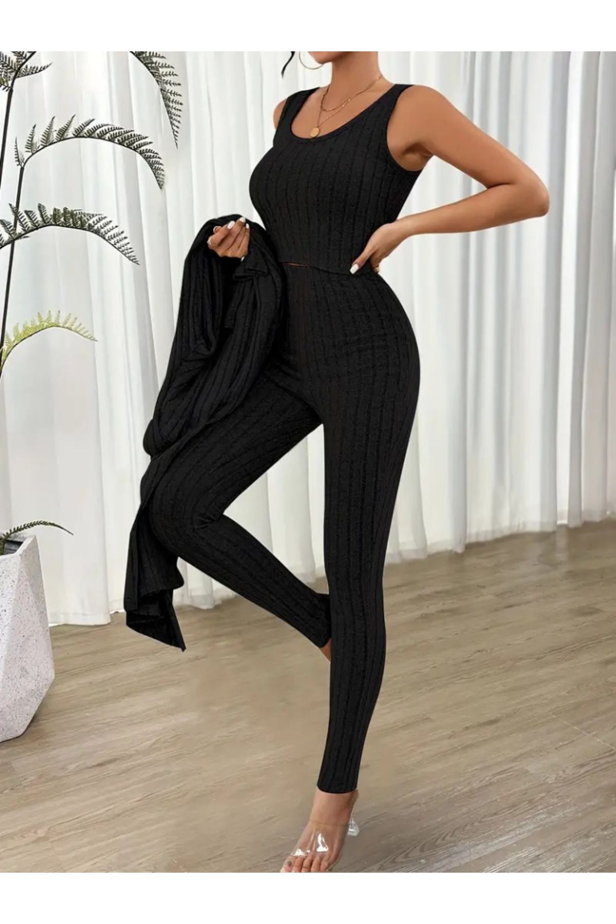 velmorafashion Kadın Yuvarlak Yaka Askılı Krop Bluz Yüksek Bel Tayt Ve Uzun Hırka şardonlu Kaşkorse üçlü Takım