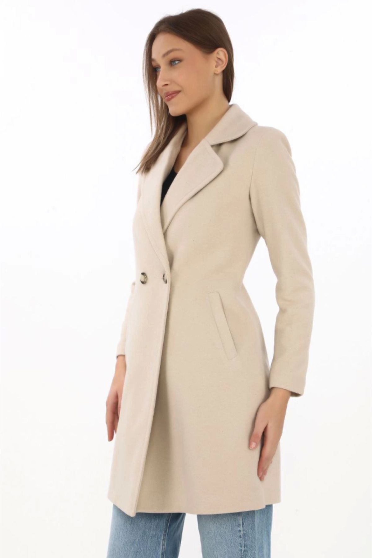 SEM E COMMERCE-Beige Cashmere Coat - Buttoned and Lined 4