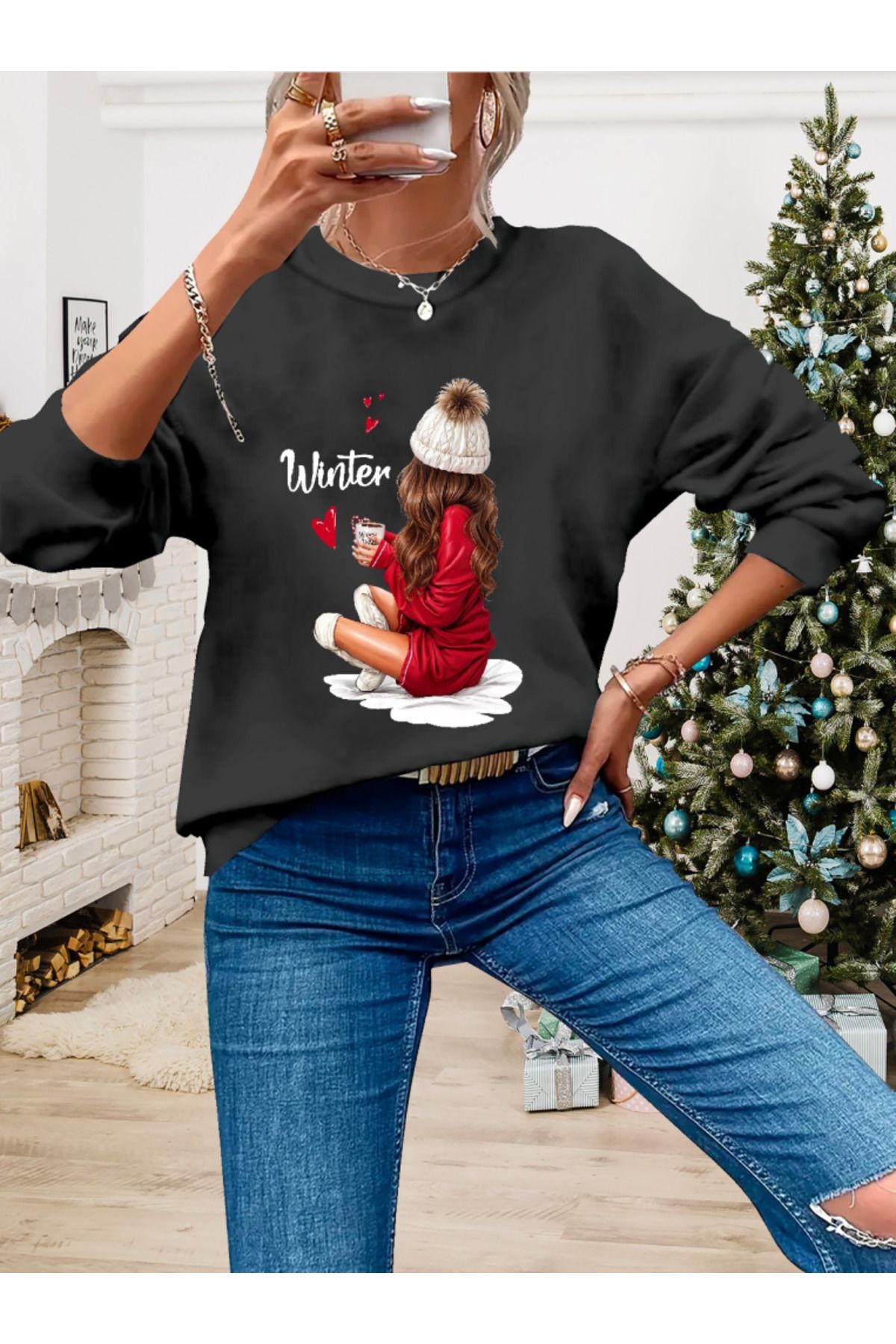 velmorafashion Kadın Yılbaşı Özel Uzun Kollu Bisiklet Yaka Desenli Viskon Iki Iplik Bluz