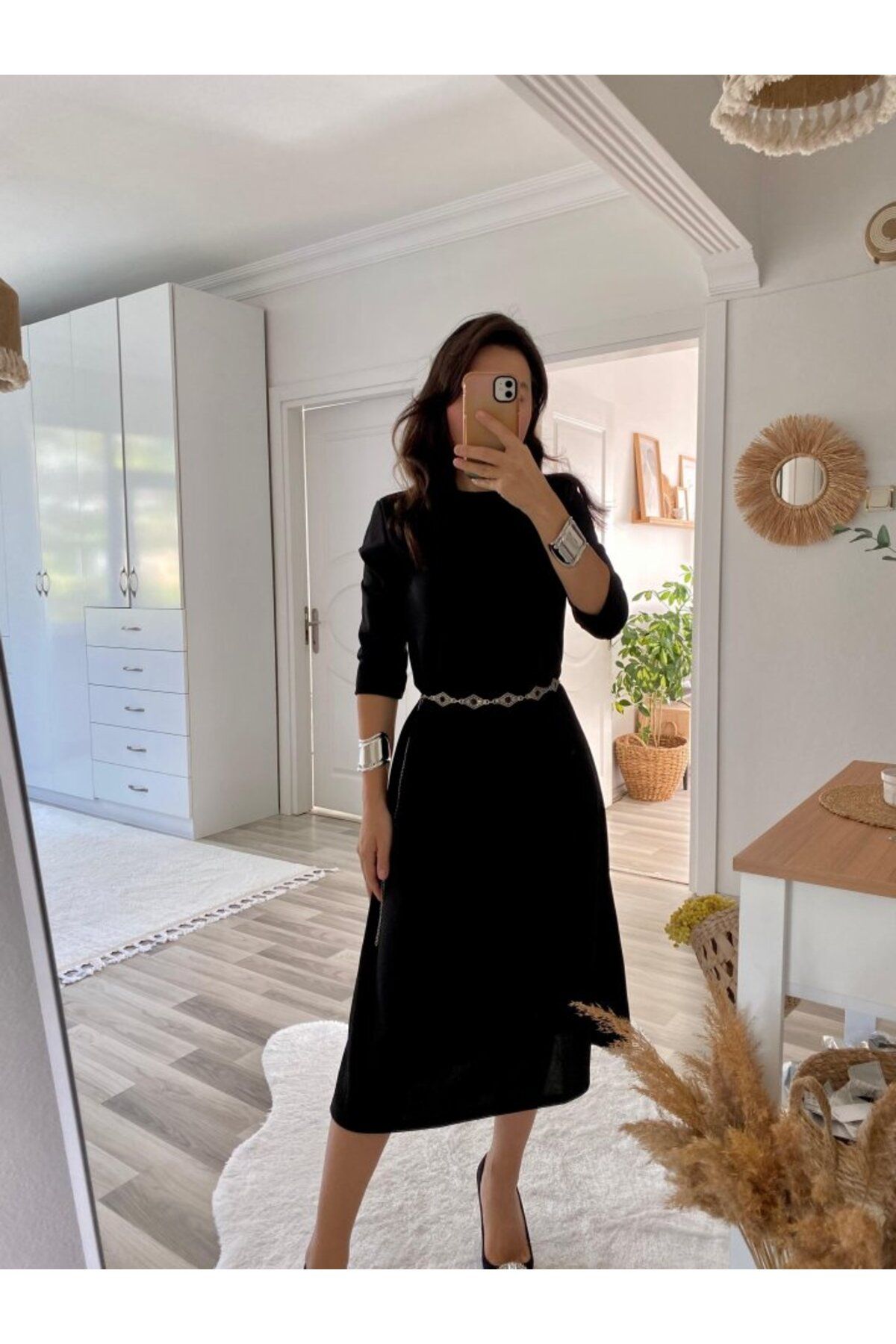 meisa Kadın Uzun Kollu Bisiklet Yaka Midi Ithal Krep Elbise