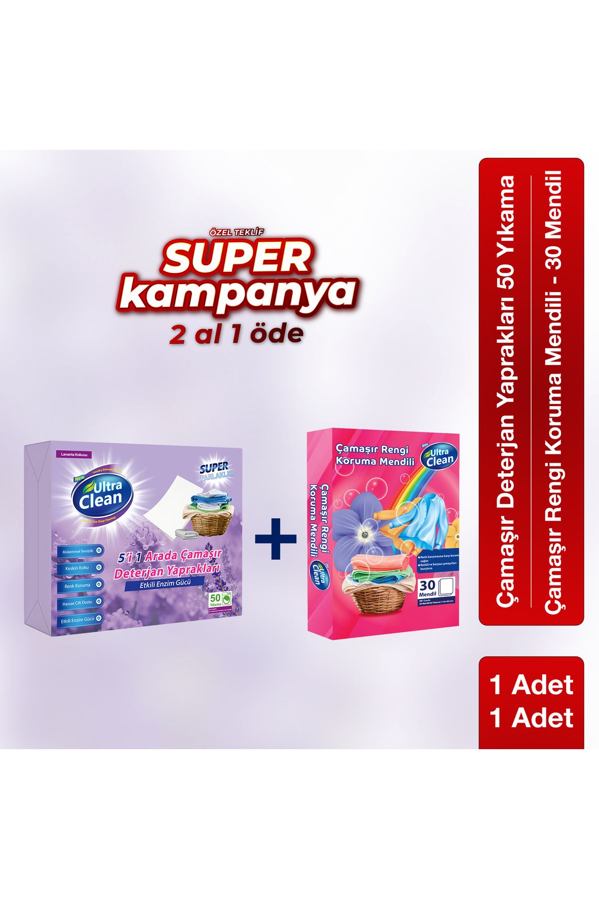 ultra clean Çamaşır Deterjan Yaprakları - 50 Yıkama 1 Adet + Çamaşır Rengi Koruma Mendili 1 Adet Bedava