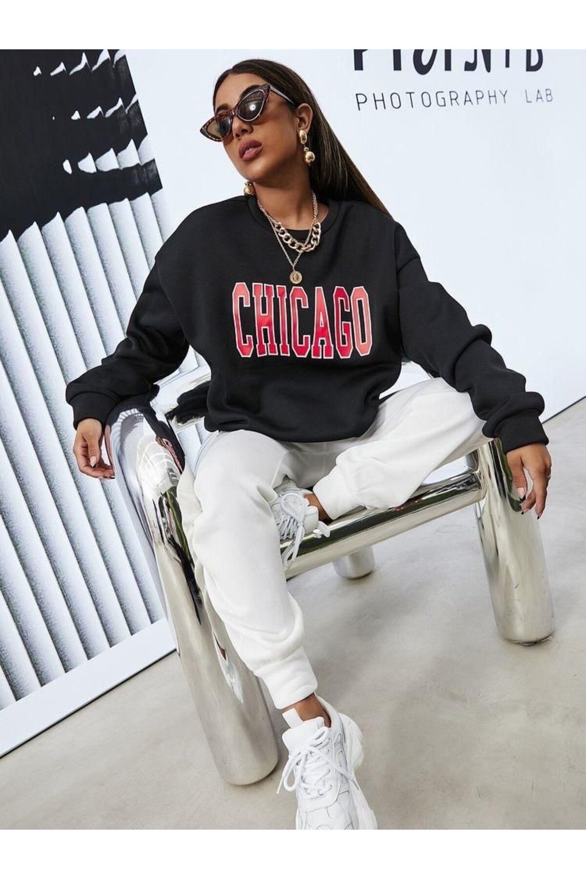Deridün Yıldız Shoes Kadın İçi Polarlı Üç İplik Kumaş Chicago Baskılı İkili Takım